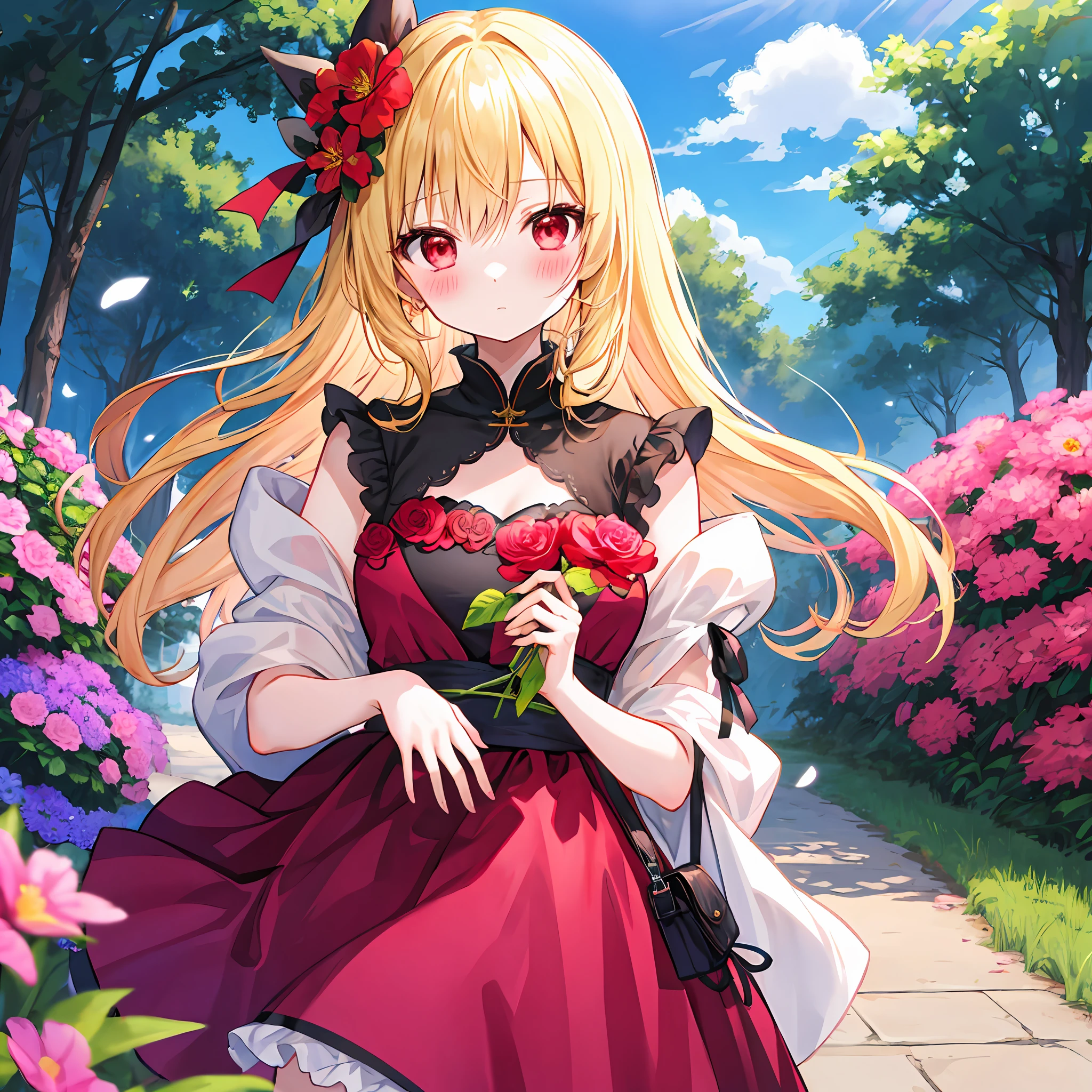 red blush、blonde  hair、red eyes、Beautiful girl alone、animesque、独奏、Pink dress、flower  field、lonely
