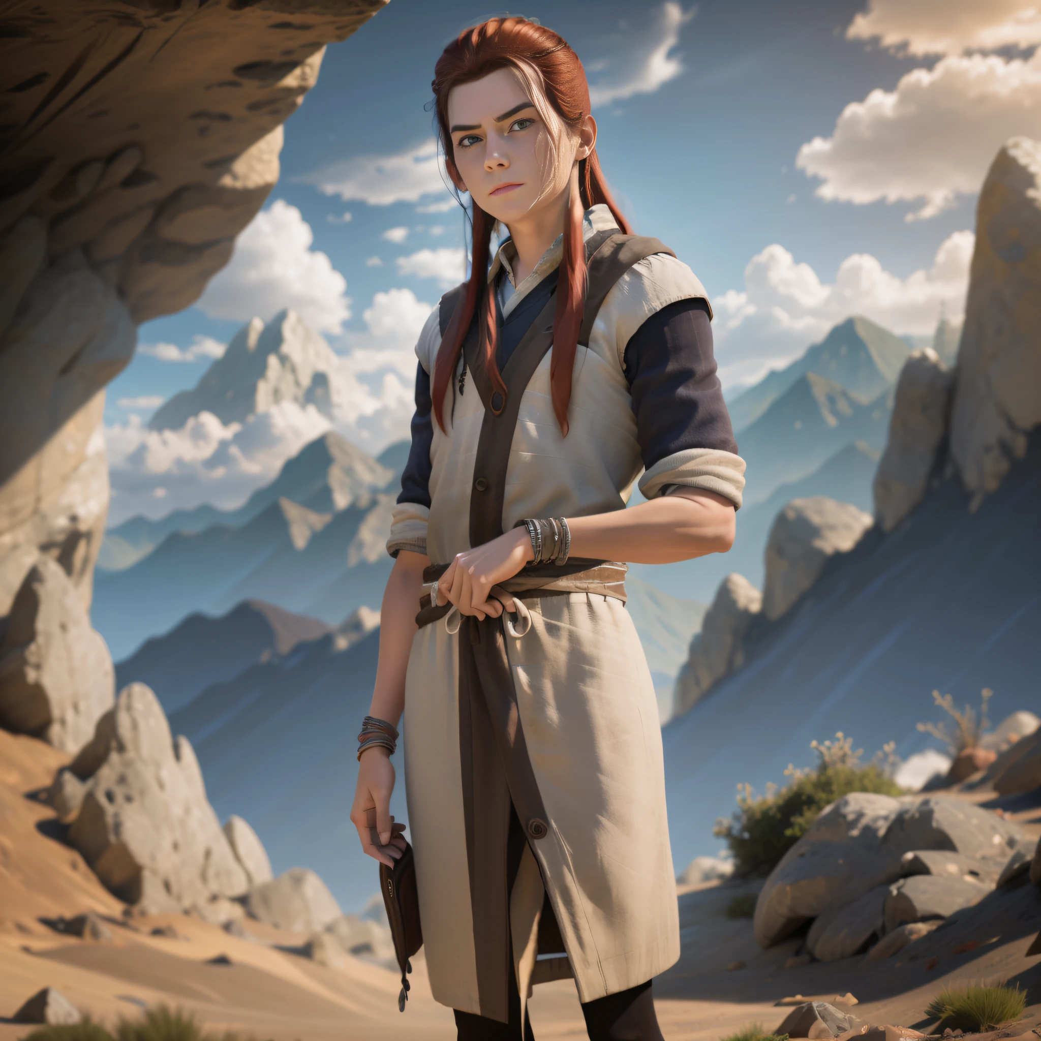 1 boy, 9 , high res, 8k, detailed skin, charismatic, bright red hair. hair falls in light waves around his face, navy blue eyes, very handsome, strong countenance, neutral colored cotton shirt, full body, mountain scenery, outdoors, sun illumination, well lit, soft light, high quality, Light Volumetric, extremely high-resolution