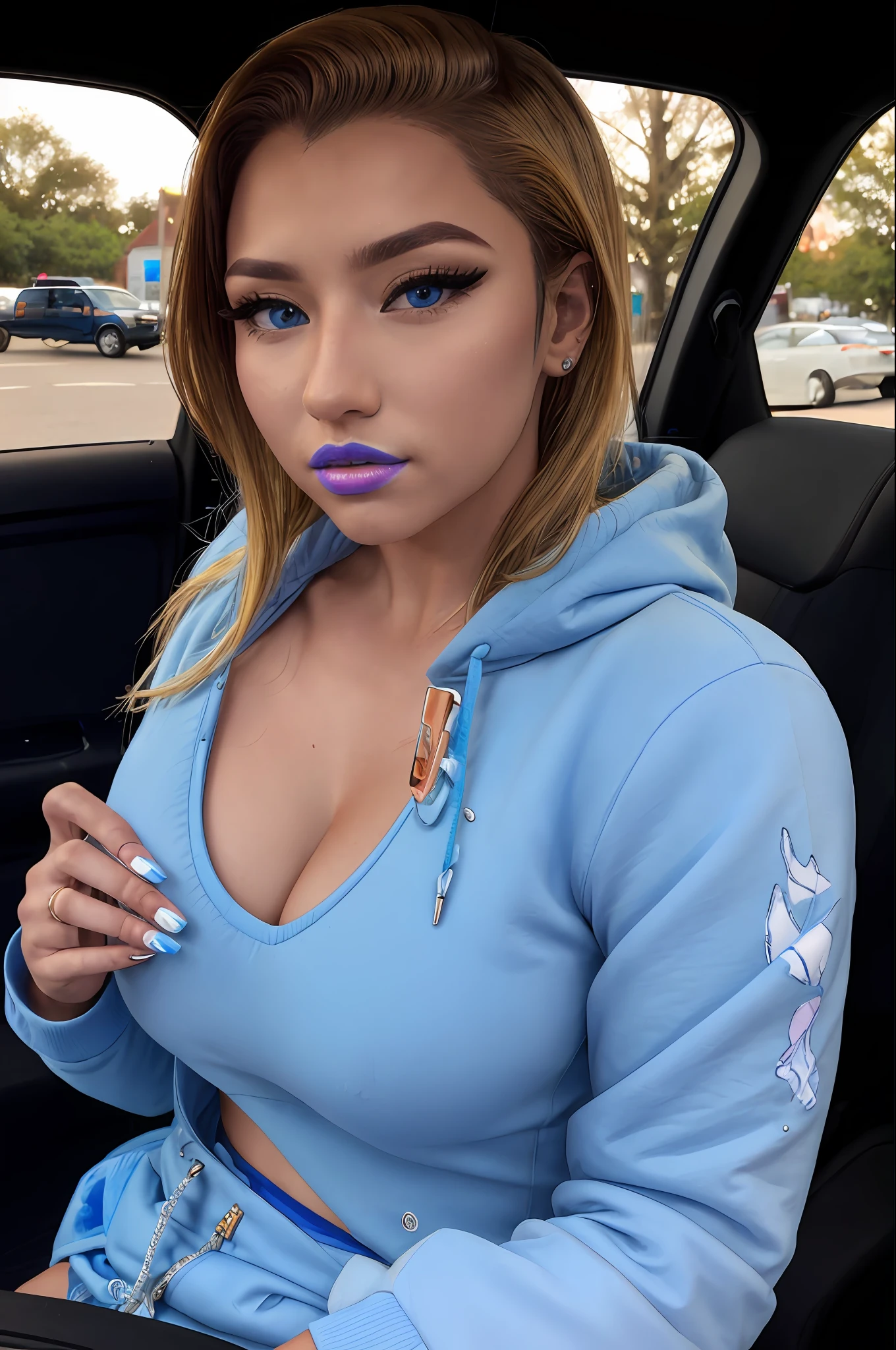 22 year old woman, 1girl, cleavage, comics style, analog style, illustration, lineart, RAW photo, a 22-year-old-girl, upper body, selfie in a car, blue hoodie, inside a car, driving, lipstick, soft lighting, high quality, highres, sharp focus, extremely detailed, (sunlight on face), beautiful detailed eyes, masterpiece, cinematic lighting, dslr, Fujifilm XT3