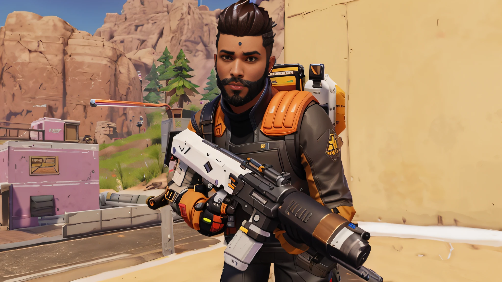 Homem arafed com uma arma em um videogame, in style of apex legends, como personagem de overwatch, Personagem de Apex Legends, segurando um blaster, Skin de Overwatch, valorant character, como um personagem de fortnite, Personagem de Fortnite, slick clammy skin, Armadura Apex Legends, Estilo Overwatch