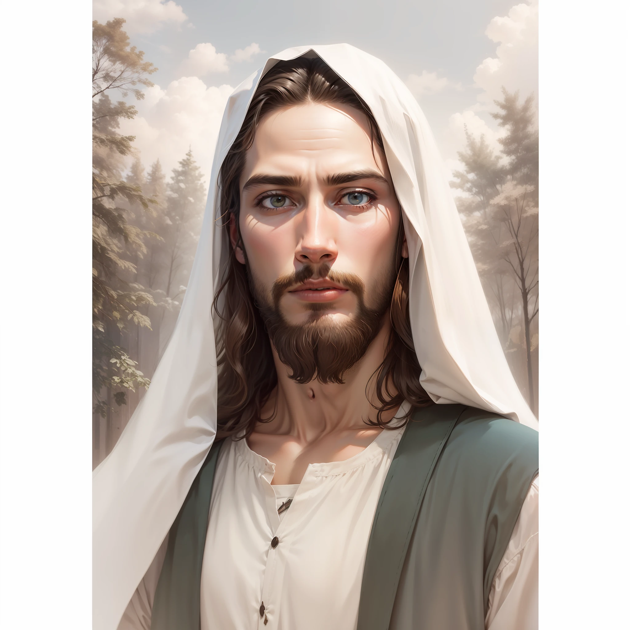 Homem vestido como Jesus Cristo, face de Jesus Cristo, olhar meigo, image with very high quality and resolution, image with cinema lighting