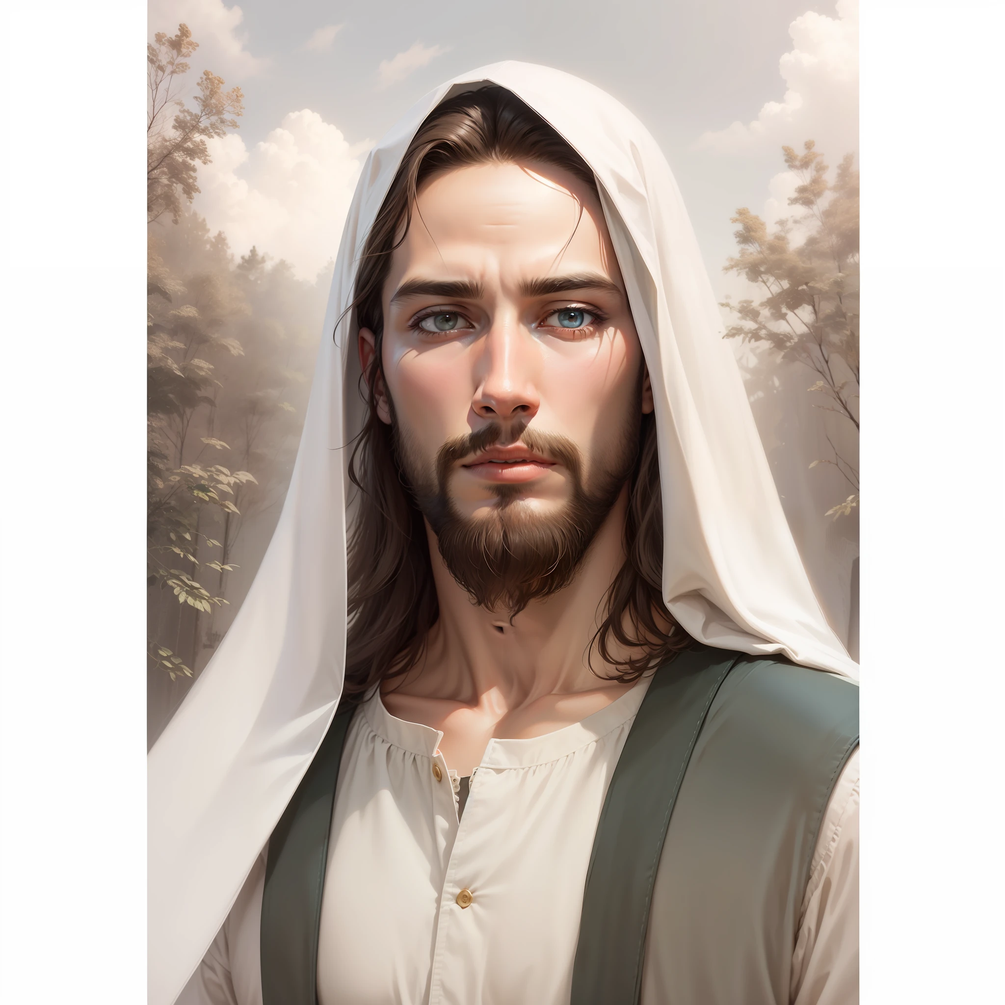 Homem vestido como Jesus Cristo, face de Jesus Cristo, olhar meigo, image with very high quality and resolution, image with cinema lighting