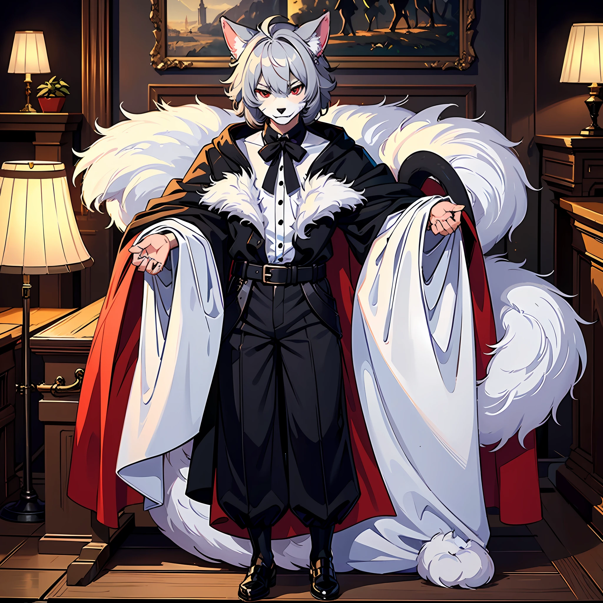 (ambiente dark:0.8),Masterpiece,High quality,abstract res,Digital painting\(artwork of a\), by Dagasi, Yupa,Kiyosan,(anthro,Fluffy fur,Character focus:1.1),anthro male cat,Short hair,Portrait , eyes with brightness, in a panoramic view, Character focus.(detailedbackground:0.7), 独奏, shaggy, A furry male, malefocus, anthr,(Full Body Furry, Fluffy tail, White fur, red color eyes, Gray hair:1.2), (long canines、Vampires、black long pants、White color blouse、a black cloak:1.2),(interiors、the night、borgar、casket:1.1) --auto