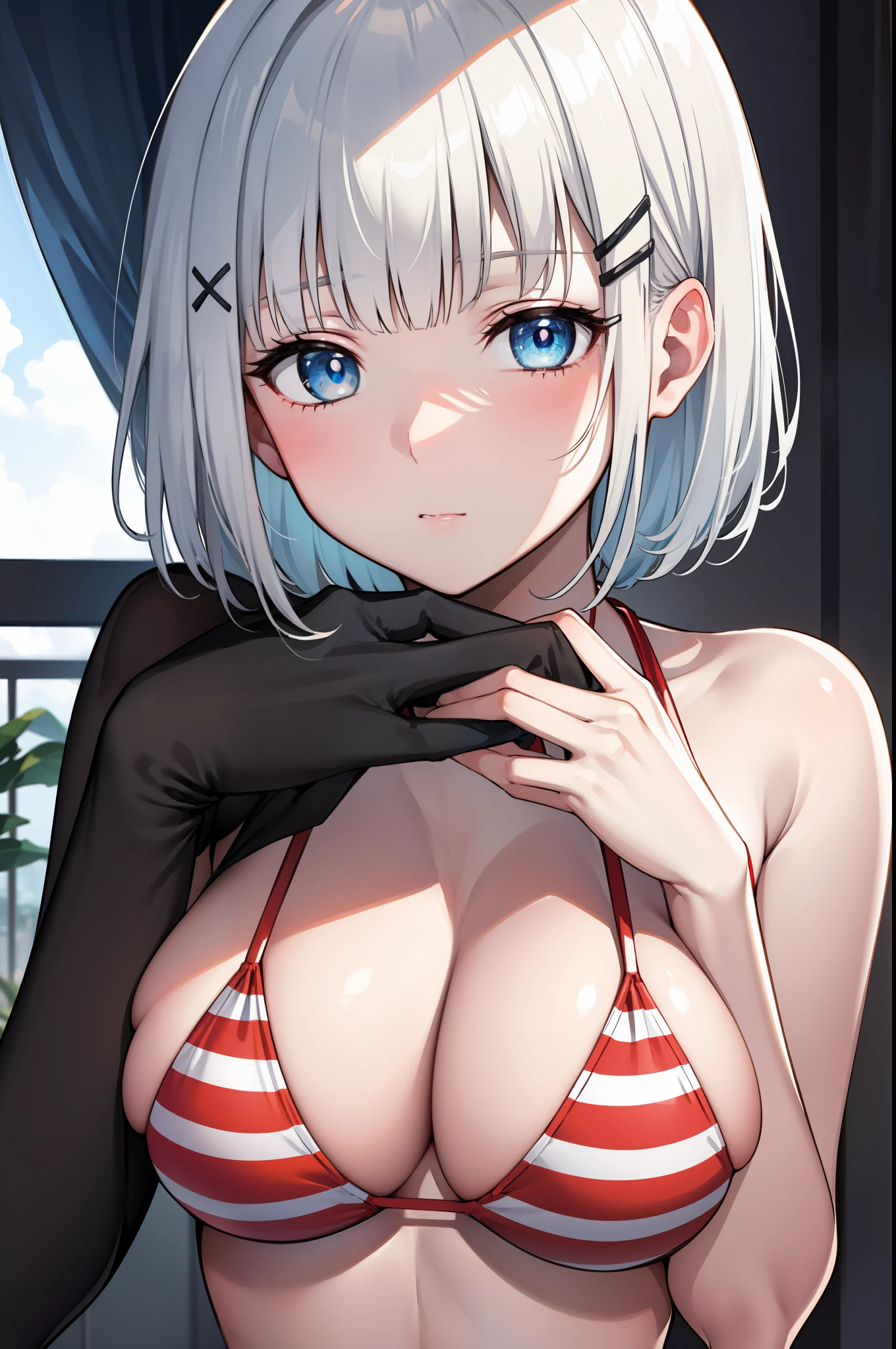 DetectiveSiesta, Napping, short hair hair, explosions, eyes blue, hair decoration, White hair, hairclip, blunt bangs, x hair decoration, Striped bikini break, red bikini, white bikini, BREAK looking at viewer, Break outside, Shore, BREAK (巨作:1.2), Best Quality, high-resolution, unity 8k wallpaper, (illustration:0.8), (Beautiful Detailed Eyes:1.6), extremely detailed face, perfect illumination, highly detailed CG, (perfect hands, perfect anatomy),