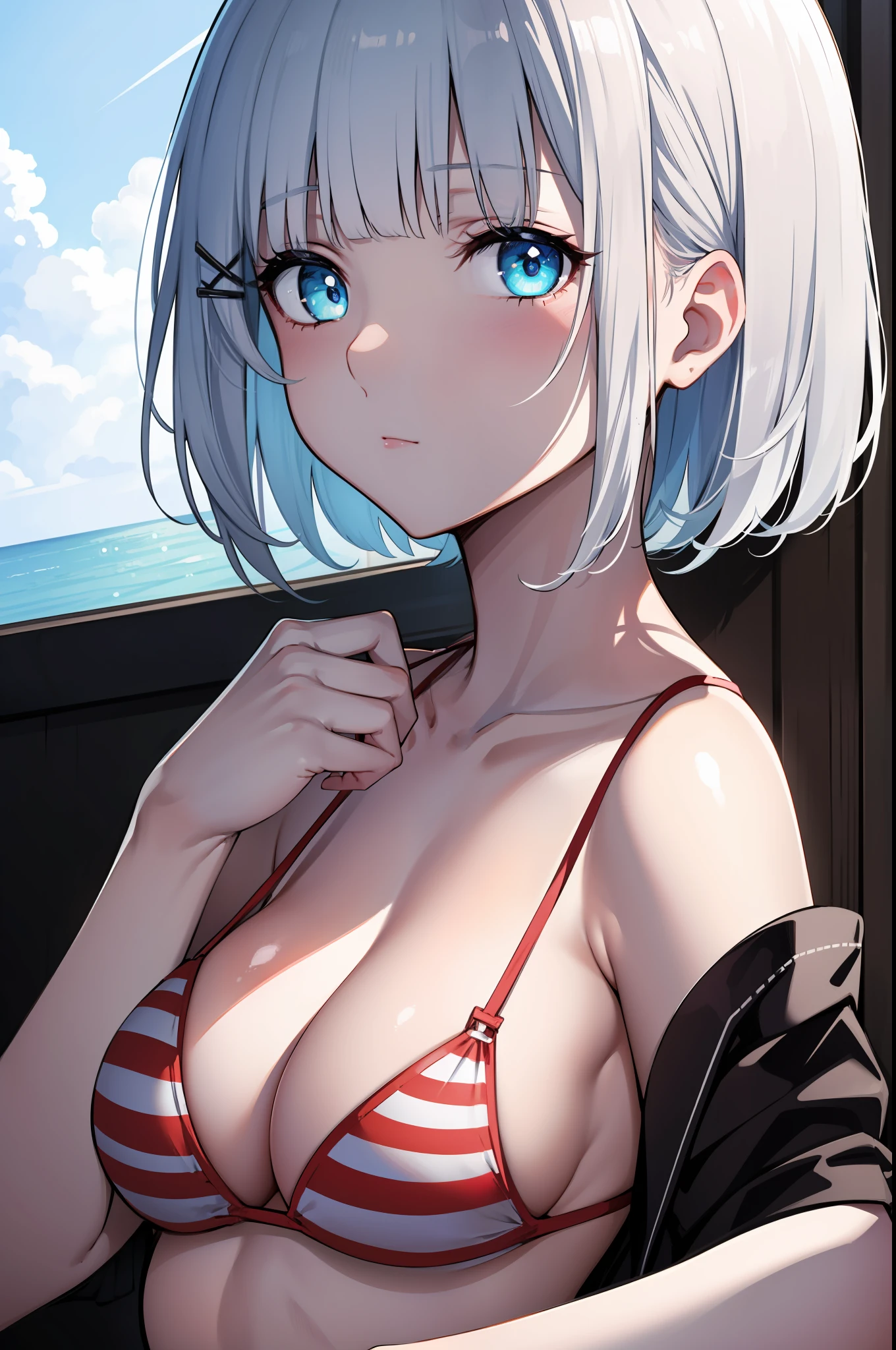 DetectiveSiesta, Napping, short hair hair, explosions, eyes blue, hair decoration, White hair, hairclip, blunt bangs, x hair decoration, Striped bikini break, red bikini, white bikini, BREAK looking at viewer, Break outside, Shore, BREAK (巨作:1.2), Best Quality, high-resolution, unity 8k wallpaper, (illustration:0.8), (Beautiful Detailed Eyes:1.6), extremely detailed face, perfect illumination, highly detailed CG, (perfect hands, perfect anatomy),