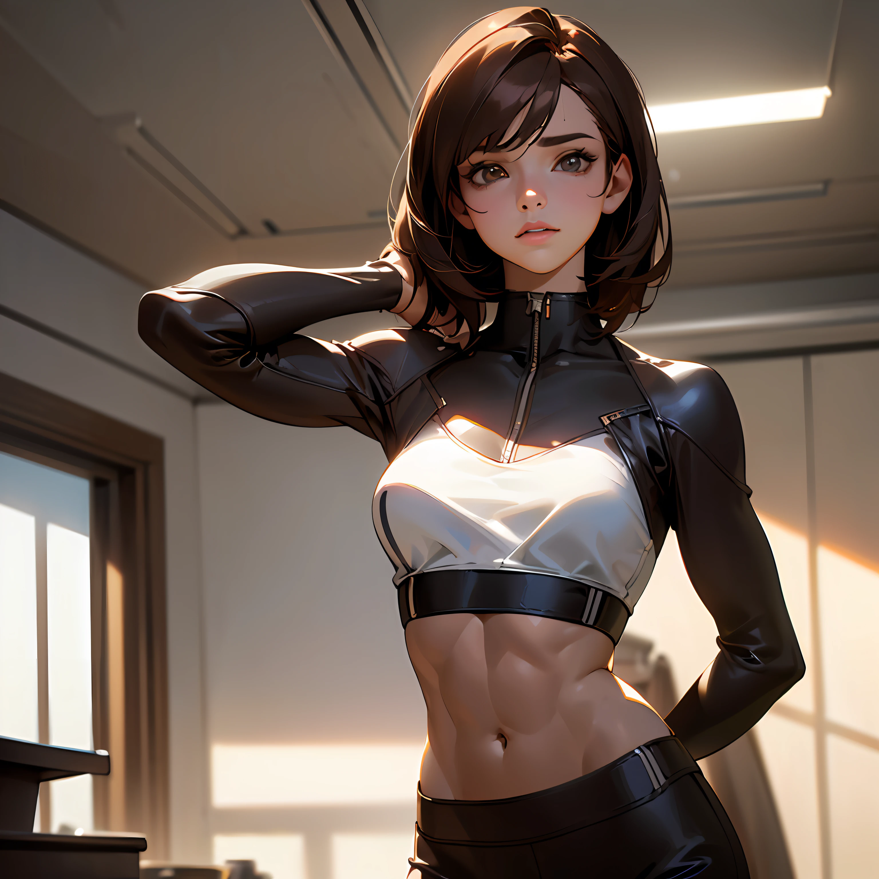 ((Realistic lighting, Best quality, 8K, Masterpiece: 1.3)), Light focus: 1.2, 1girl, Perfect figure: 1.4, Slim Abs: 1.1, ((Dark brown hair)), (White crop top: 1.4), (indoor, day: 1.1), office, Super fine face, Fine eyes, Double eyelids, --auto