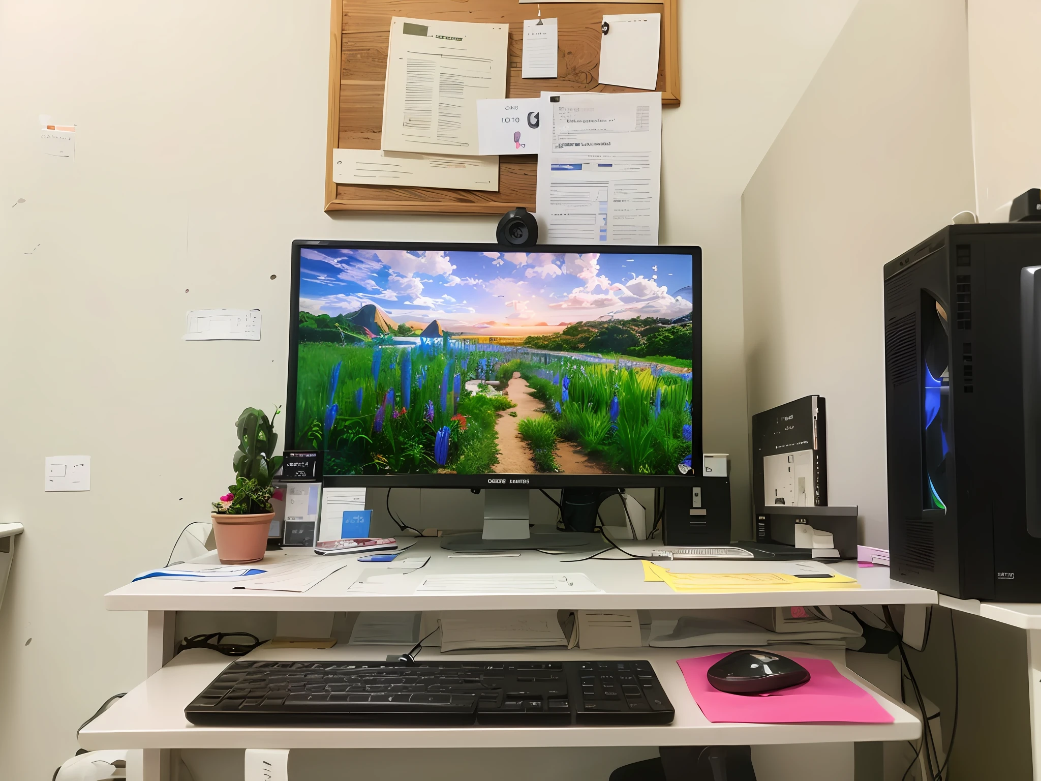 there is a computer monitor and keyboard on a desk, intrincado detalhado 8 mil, computer setup, monitor de computador, tela colorida do computador, monitor de computador grande, Desktopografia, imagem da tela do pc, tudo cabe na tela, 8 mil. preenchimento da vista, home office, Tiro de 8 mil de largura, na frente de um computador