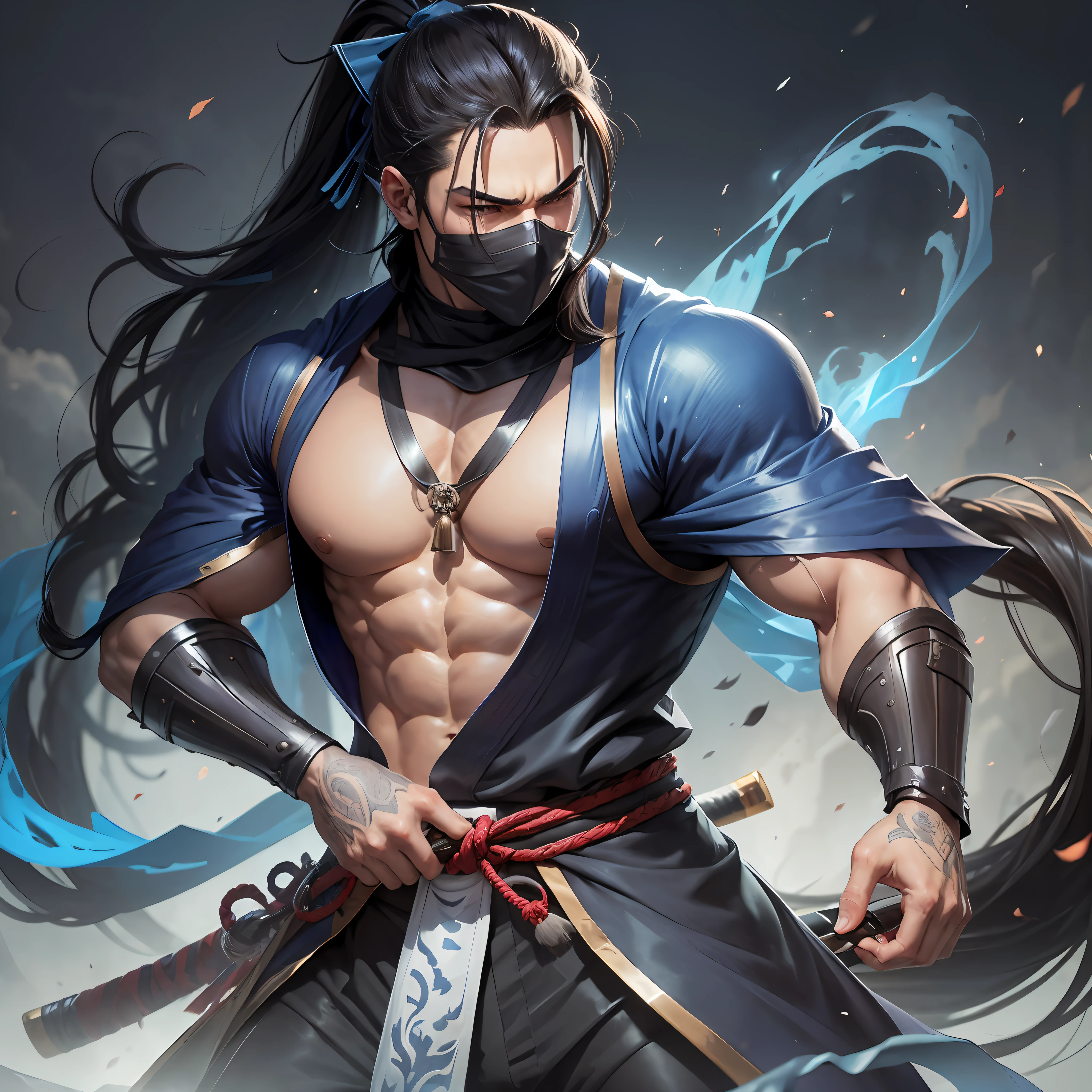 1male, surprisingly handsome and powerful with a muscular build-up, his long black hair pulled back into an elegant and voluminous ponytail, eyes of two piercing dark glowing, dressed in Japanese clothes, Japanese wanderer, clothes in blue, cloth around his neck in blue partially covering his face, comkatana, yasuo, lege the legends.