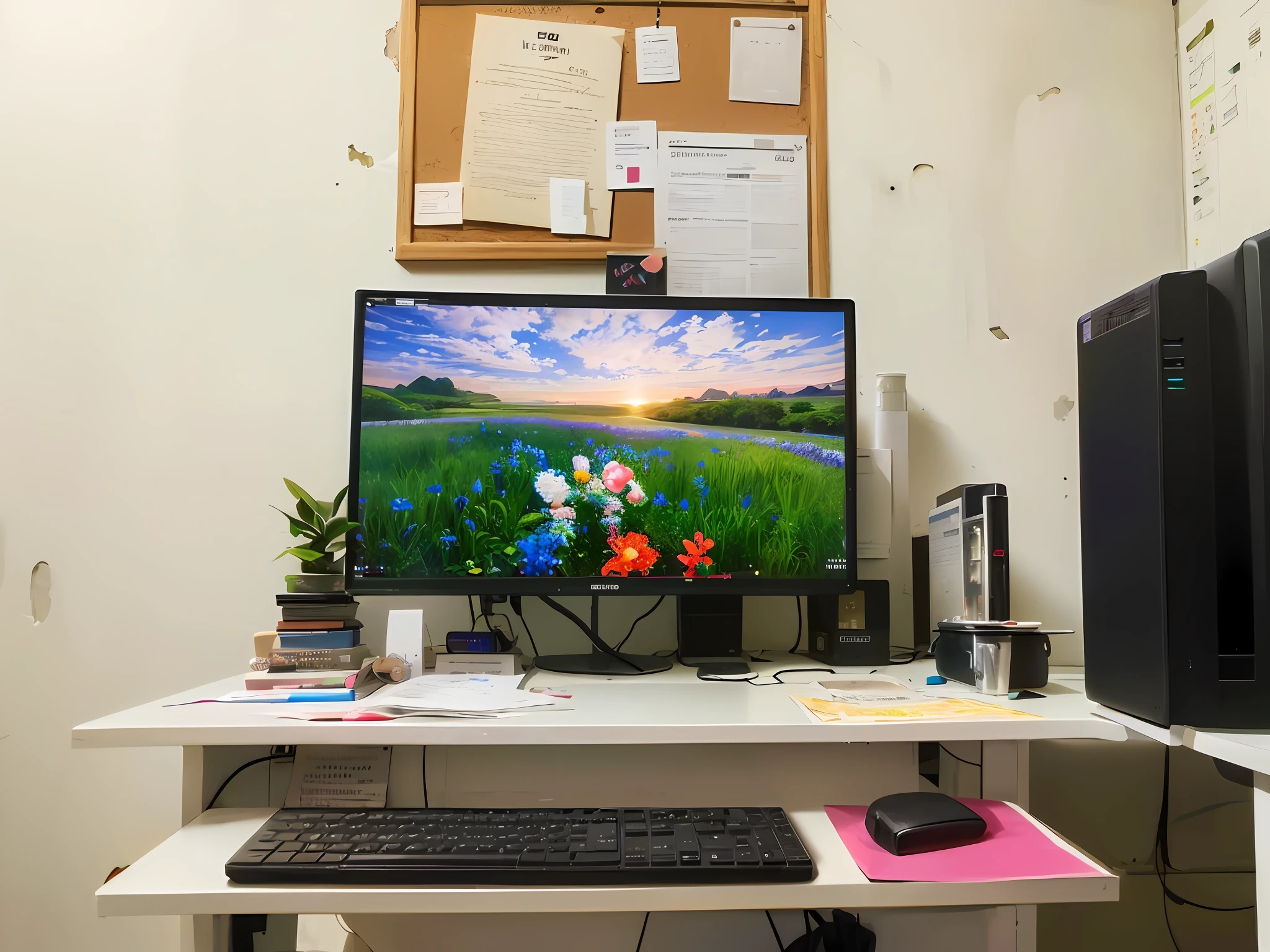 there is a computer monitor and keyboard on a desk, intrincado detalhado 8 mil, computer setup, monitor de computador, tela colorida do computador, monitor de computador grande, Desktopografia, imagem da tela do pc, tudo cabe na tela, 8 mil. preenchimento da vista, home office, Tiro de 8 mil de largura, na frente de um computador