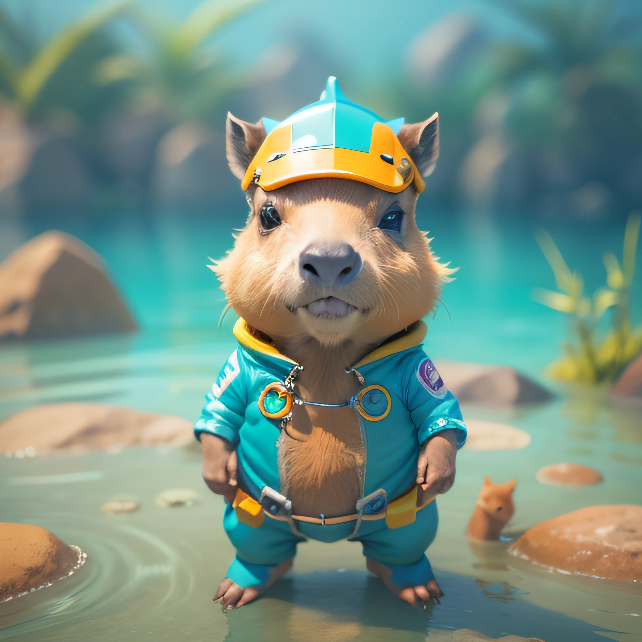 highly detailed 3D render cute capybara with dive costume, kids cartoon style, high detailed textures, soft smooth textures, water lagoon color gradient in background.