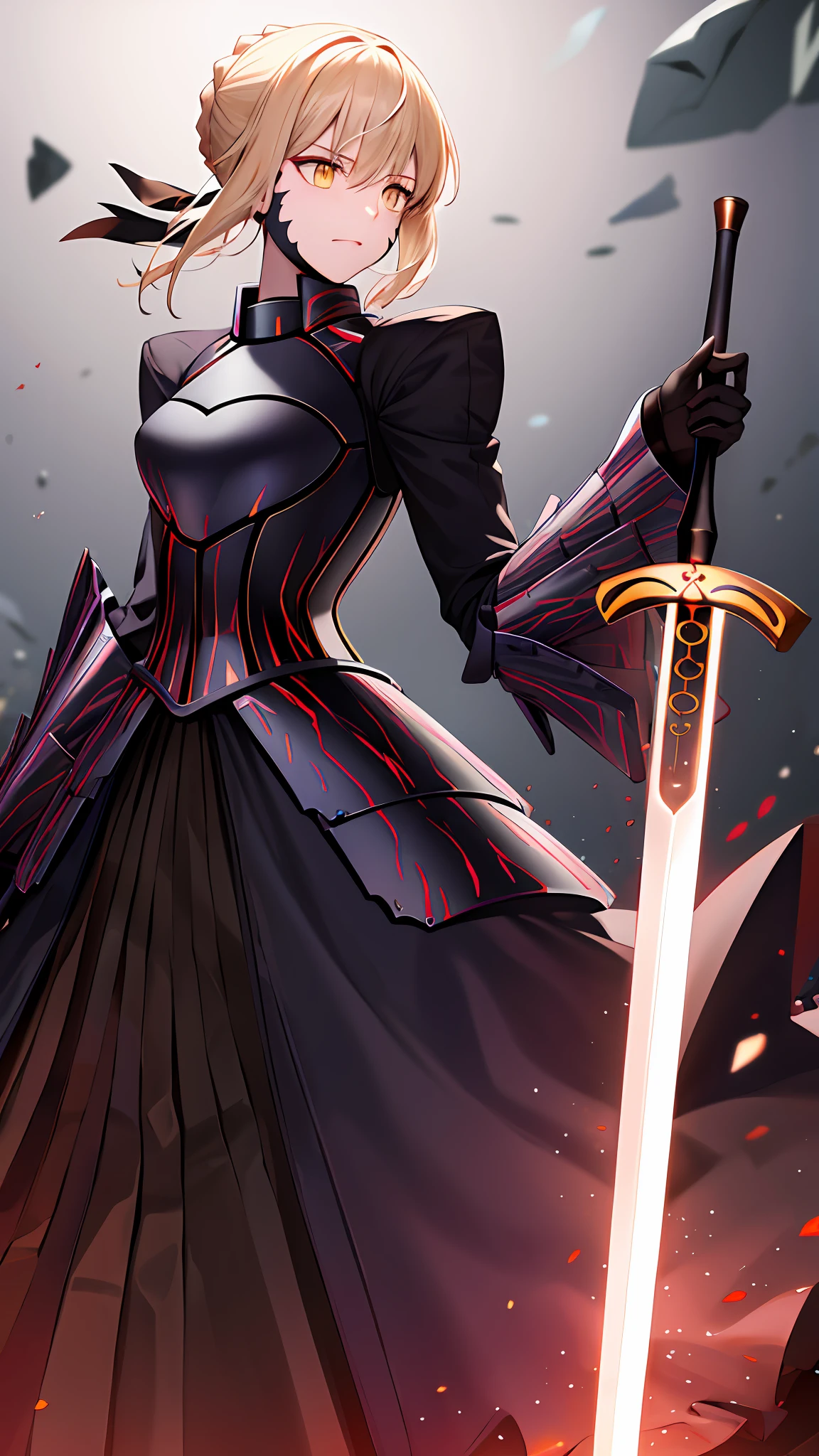 masterpiece, best quality, highres, eesaber, pale skin, black dress, black armor, cowboy shot, standing, holding weapon, sword, holding sword, excalibur morgan \(fate\),