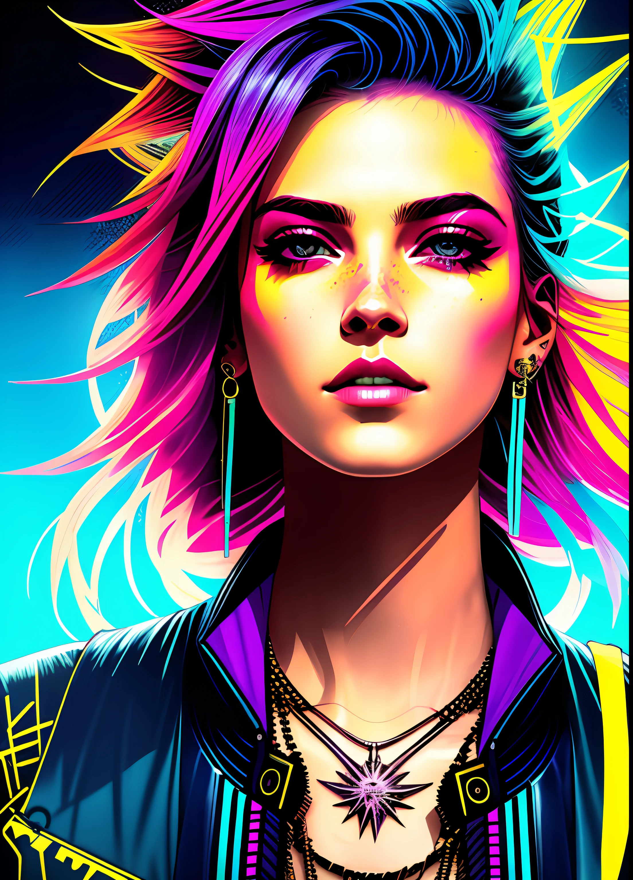 swpunk estilo synthwavea punk rock superstar a mais bela mulher do mundo, confianta, Dancing. cantando, numa discoteca, por agnes cecile, design luminoso, Cores neon, gotejamentos de tinta, Cyberpunk Cidade Noturna