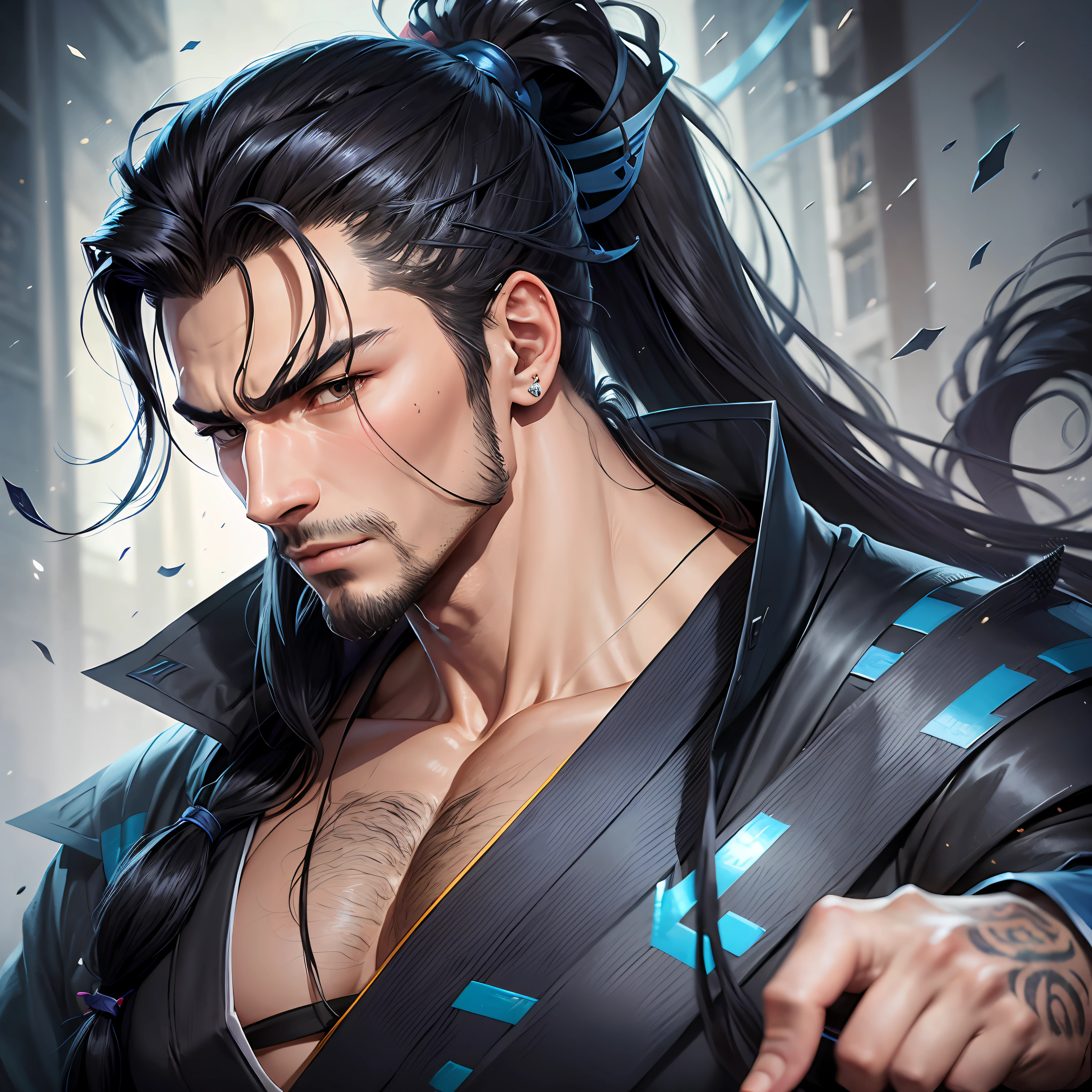 1male, surprisingly handsome and powerful with a muscular build-up, his long black hair pulled back into an elegant and voluminous ponytail, eyes of two piercing dark glowing, dressed in Japanese clothes, Japanese wanderer, clothes in blue, cloth around his neck in blue partially covering his face, comkatana, yasuo, lege the legends.
