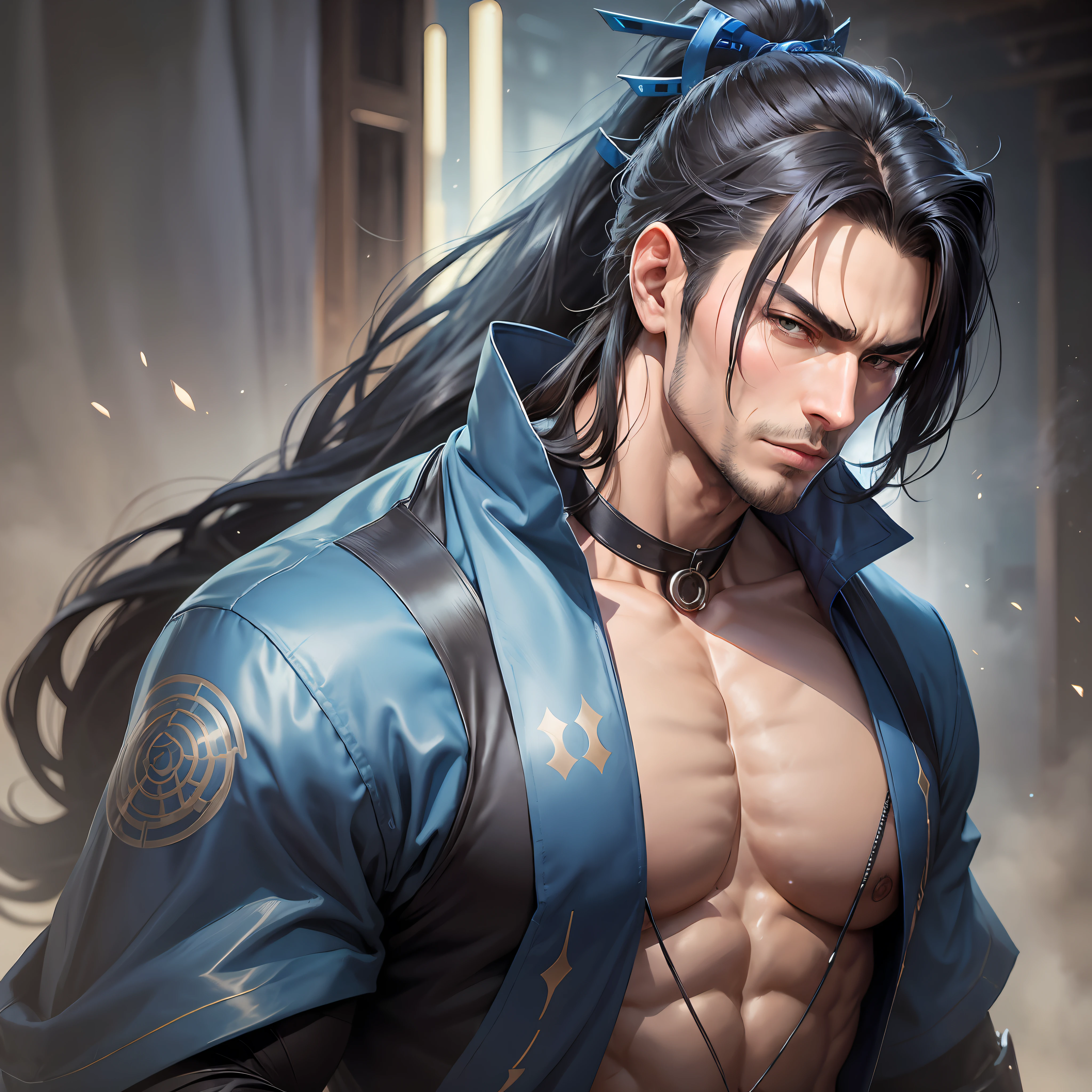 1male, surprisingly handsome and powerful with a muscular build-up, his long black hair pulled back into an elegant and voluminous ponytail, eyes of two piercing dark glowing, dressed in Japanese clothes, Japanese wanderer, clothes in blue, cloth around his neck in blue partially covering his face, comkatana, yasuo, lege the legends.