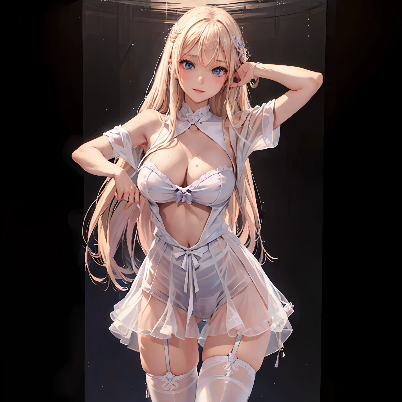 (A hyper-realistic), (illustratio), (hight resolution), (8K), (ighly detailed), (The best illustrations), (beautifully detailed eyes), (top-quality), (ultra-detailliert), (masterpiece), (wall-paper), (详细的脸), 独奏, 1 girl in, looking at the viewers, finely detail, A detailed face, murky, pureerosfaceace_v1, A smile, A half body, Long legs in transparent invisible underwear, big breasts thin waist, s ass, Ultra-thin makeup, invisible clothes, Legs apart、sexy dress、Scandinavian face、a blond、Blue eyes、Beautiful face、Teenage girl、Expressive、gesture、Satin luster 、full body Esbian、Genital bite、 stand up、Vège underwear、The sheen、Sheer skin、Nipple protrusions