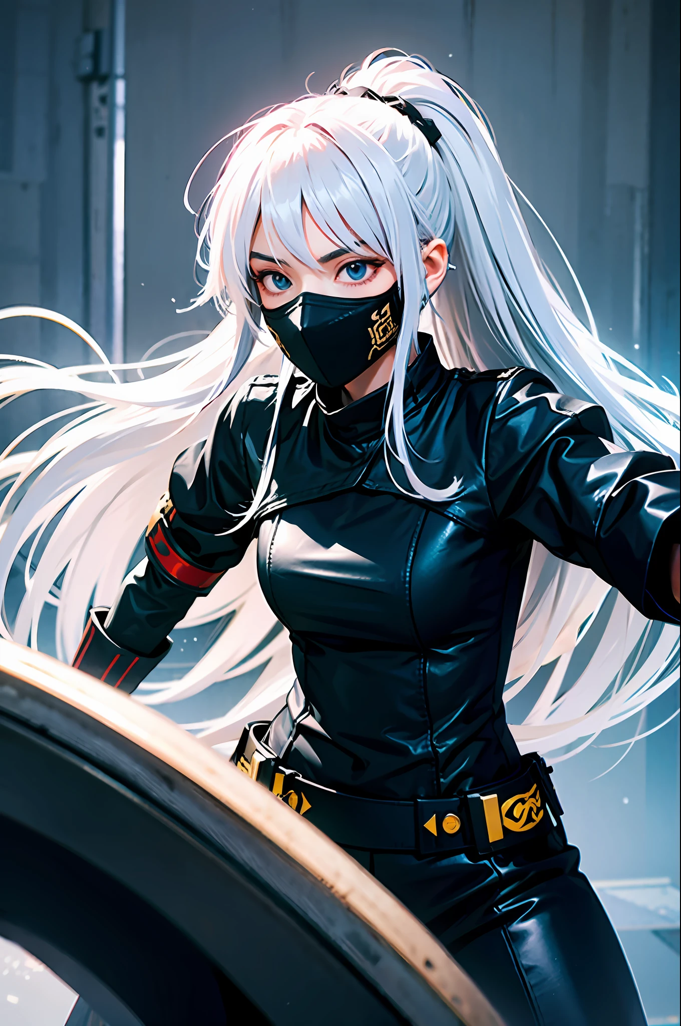 A young woman with long white hair in a fighting stance, wearing warrior clothes, with a piercing gaze, sad, full black clothes, with a mask