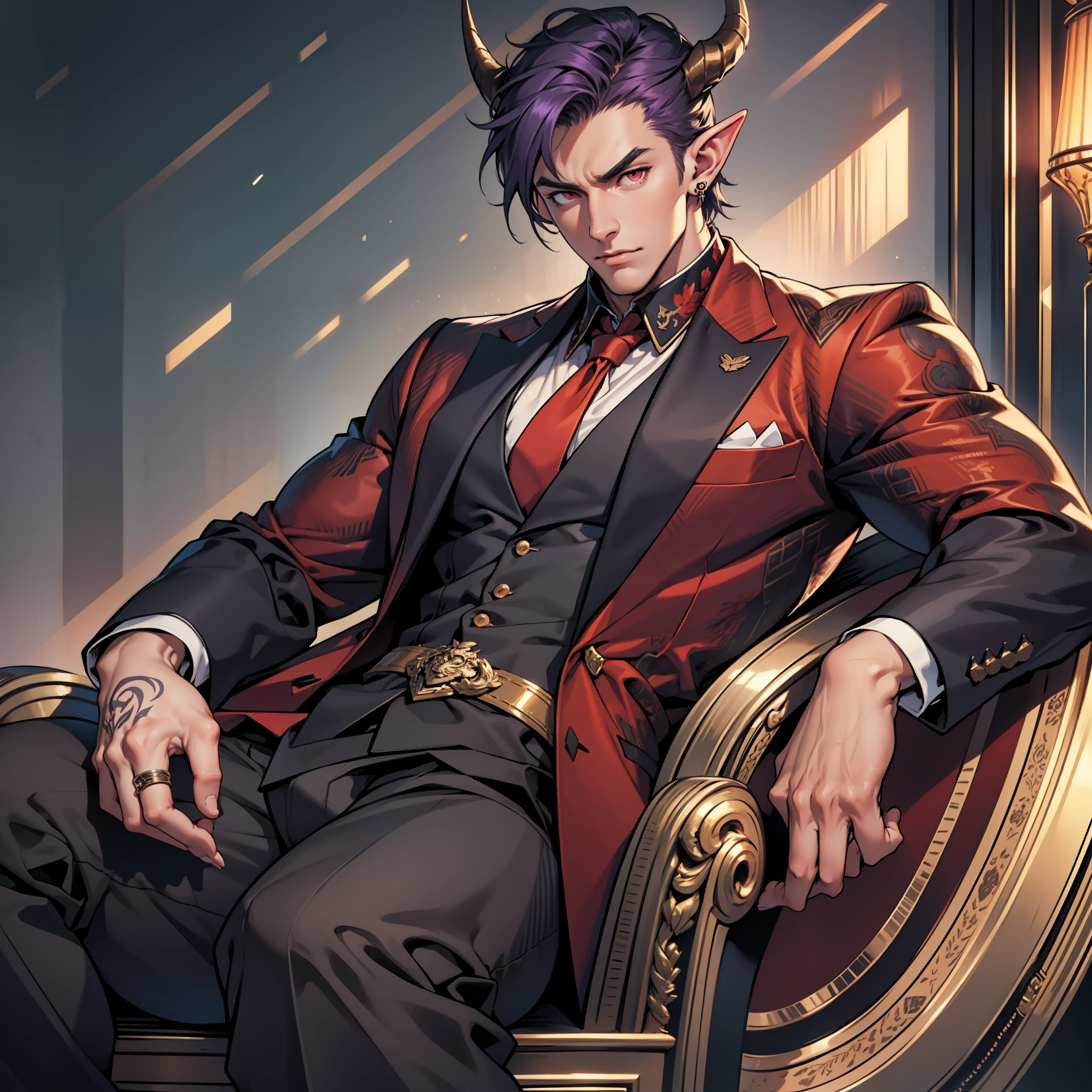 Handsome male, purple hair, short hair, detailed body, detailed hands, horns, expressionless, arrogant expression, red eyes, roman nose, almond eyes, red tuxedo, black shirt, black tie, cocky, nightfall, handsome, bushy brows, pointy ears, ear piercings, rings, good looking, tattoos, dark skin, brown skin, charming, good quality, huge bulge in pants, manly, sitting on throne