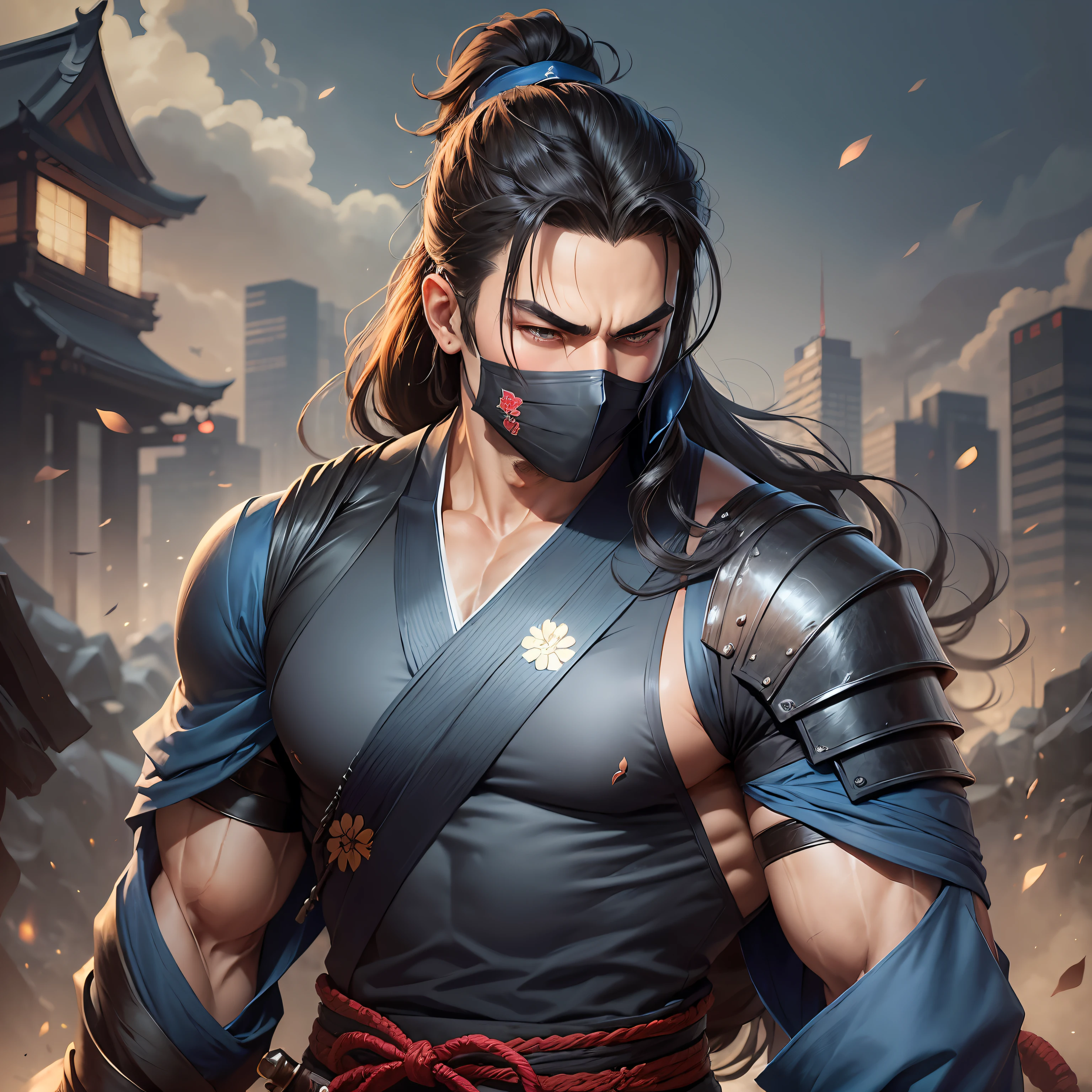 1male, surprisingly handsome and powerful with a muscular build-up, his long black hair pulled back into an elegant and voluminous ponytail, eyes of two piercing dark glowing, dressed in Japanese clothes, Japanese wanderer, clothes in blue, cloth around his neck in blue partially covering his face, comkatana, yasuo, lege the legends.