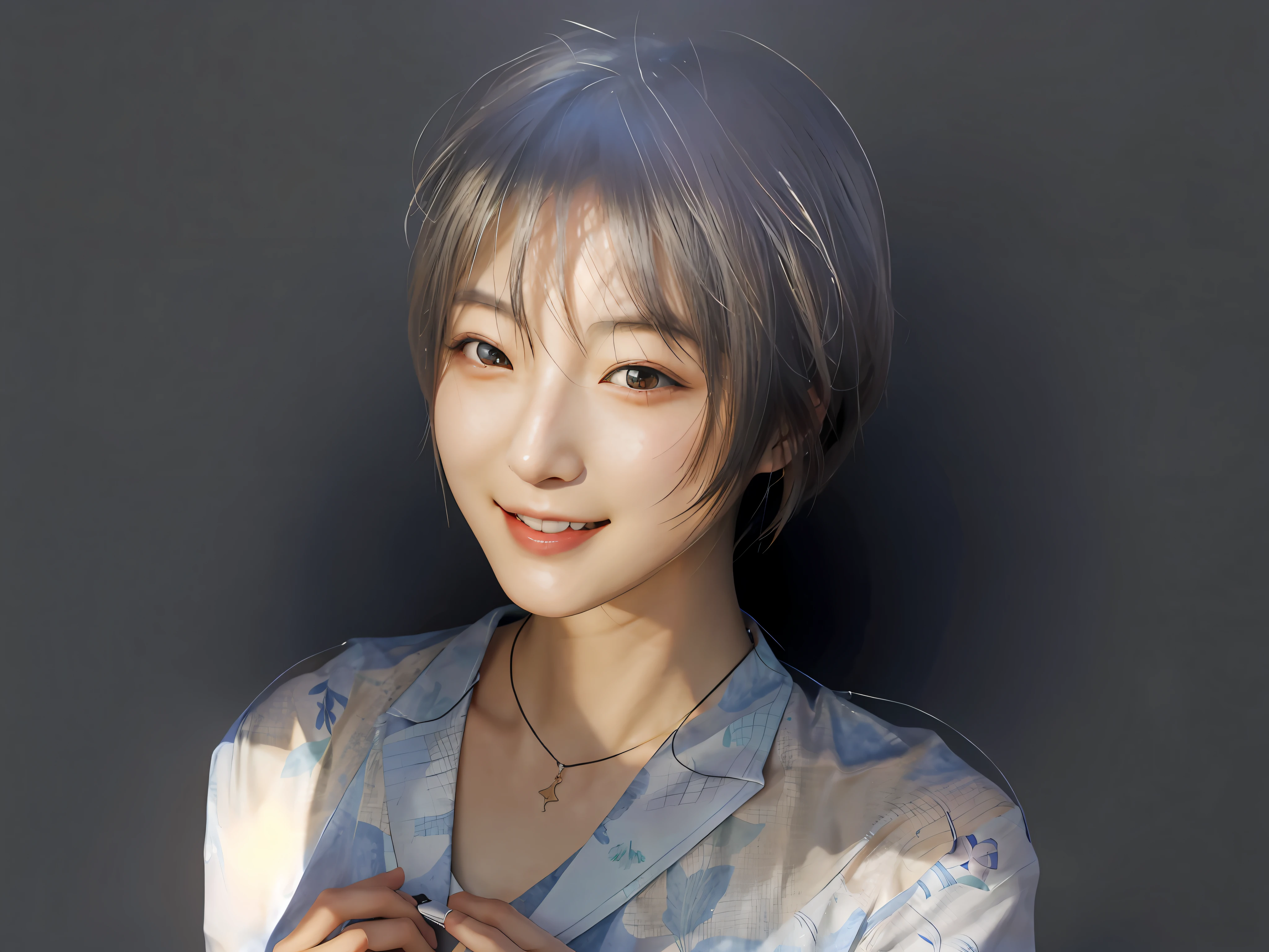 1girl in、japanes、Photorealsitic、beautiful and detailed face、viewer、simple background、独奏、Sunnyday、summer vacation、(shorth hair、off shoulders)、a smile、电影灯光、movie、Japan drama、(a necklace)、耳Nipple Ring