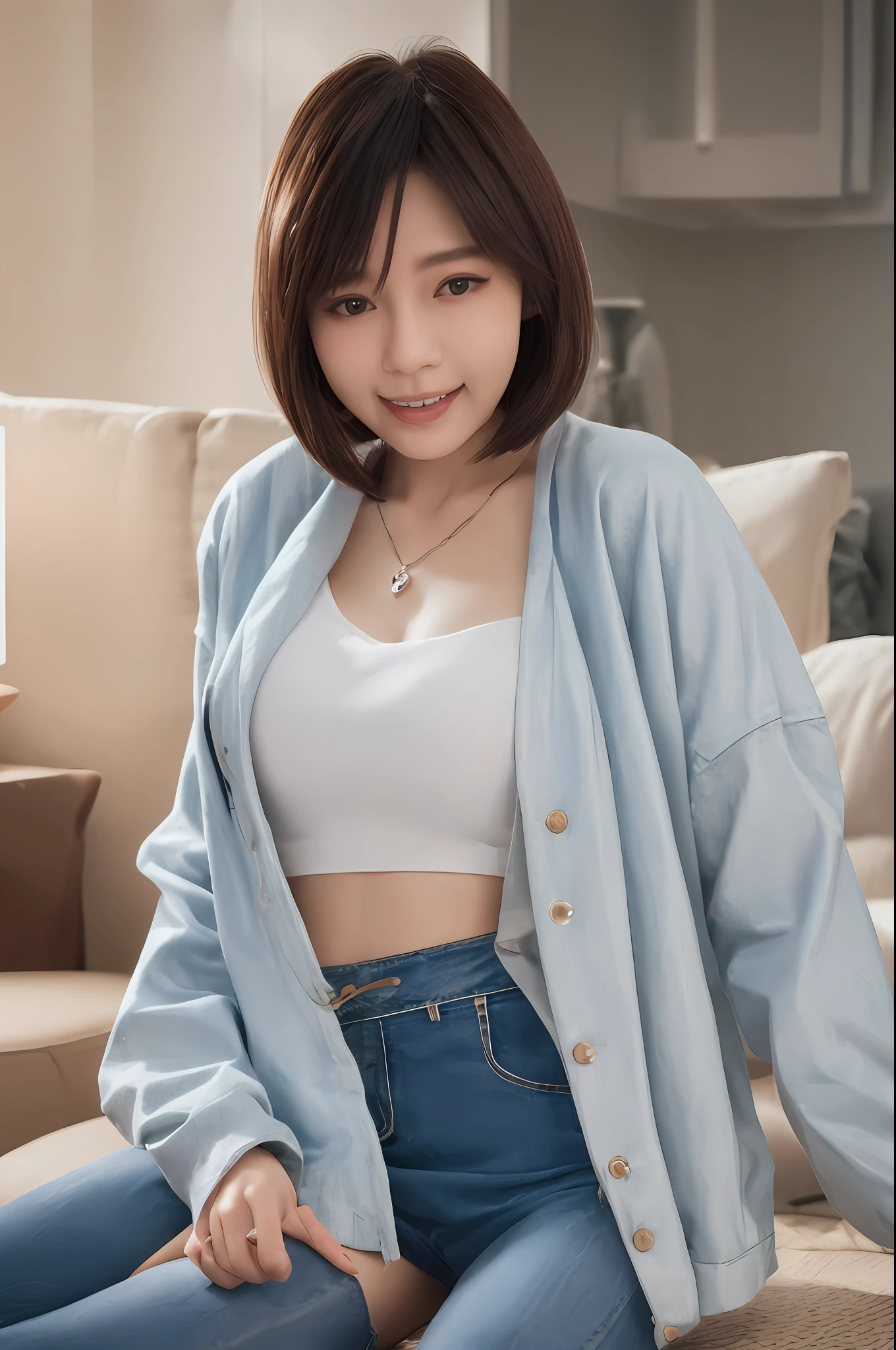 Smiling minchen、

absurderes、Keep your mouth shut、Balanced eyes、
(Best Quality Detail:1.2)、realisitic、8K High Resolution、The ultra-detailliert、High quality textures、intricate detailes、Very detailed CG、High Quality Shadows、Detail Beautiful delicate face、(Detail Beautiful delicate eyes:1.32)、depth of fields、Ray traching、(A Beautiful 25 Year Old Cute Japanese Lady:1)、tiny chest、tall_female、beautiful_legs、 gloweyes、red blush、Perfect petite body、skiny、Big tits
Blurry outdoor background、
Silver jacket
Tight Fit
bra
blue
sensible
Denim jacket,
 open coat:1.1, [brown_skirt]:1, Stockings and garter belts:1.2, bob cut  hair, Cozy living room, sunlights, kneeling on sofa, 耳Nipple Ring,a necklace, modeled, look at viewr, dynamicposes, 耳Nipple Ring,a necklace, modeled, looking at viewert, from side, dynamicposes, facing front