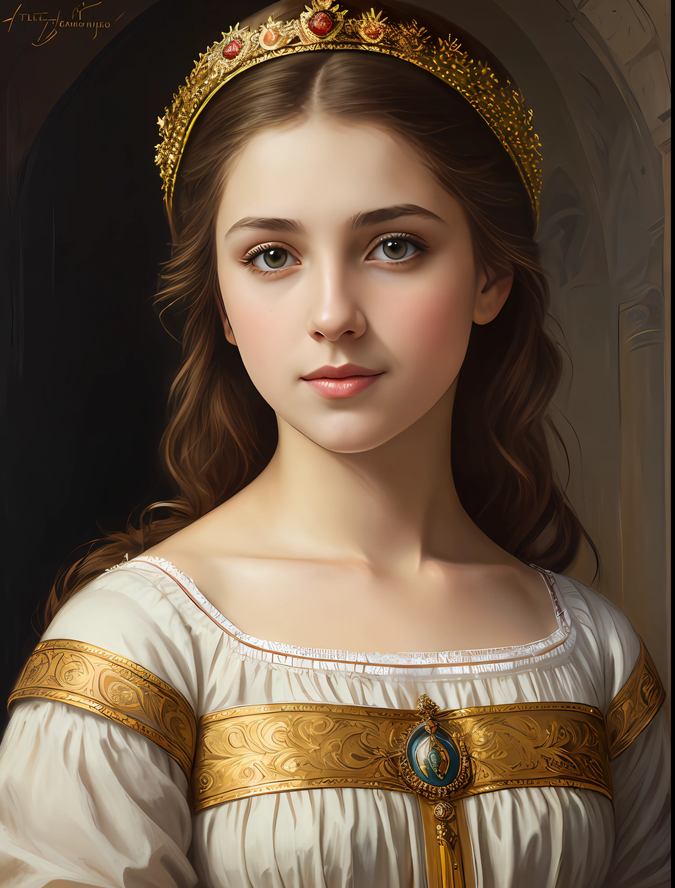 portrait, girl, middle ages, classicism, andrey atroshenko style, painting, traditional media, realistic, detailed symmetric eyes, detailed gorgeous face, figurative, fine art, oil on canvas, HDR, 8K, original character, high resolution, high detail, focus on the face