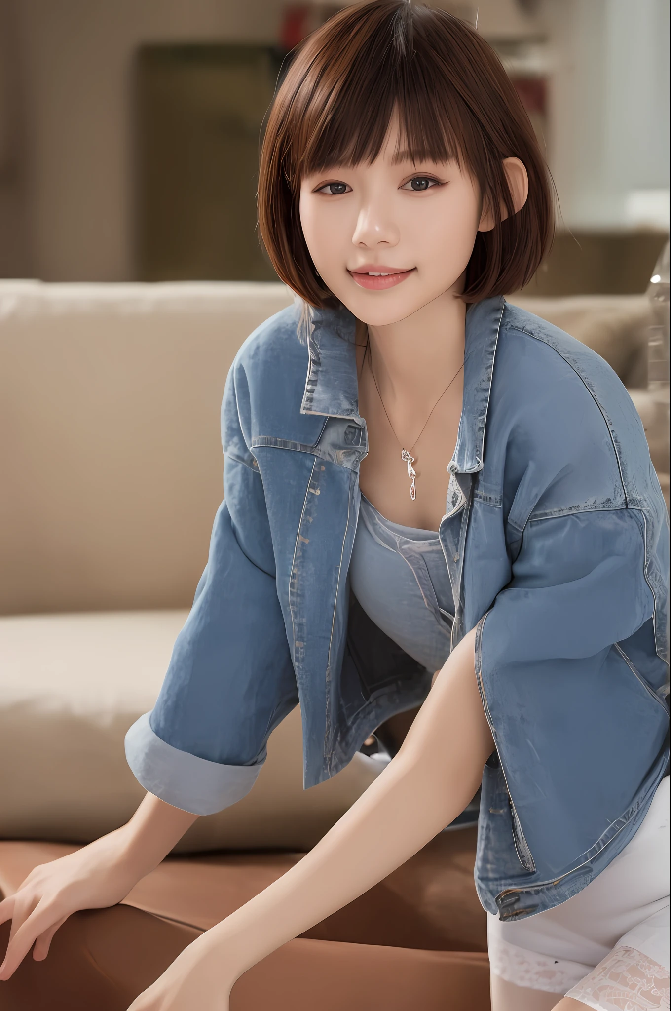 Smiling minchen、

absurderes、Keep your mouth shut、Balanced eyes、
(Best Quality Detail:1.2)、realisitic、8K High Resolution、The ultra-detailliert、High quality textures、intricate detailes、Very detailed CG、High Quality Shadows、Detail Beautiful delicate face、(Detail Beautiful delicate eyes:1.32)、depth of fields、Ray traching、(A Beautiful 25 Year Old Cute Japanese Lady:1)、tiny chest、tall_female、beautiful_legs、 gloweyes、red blush、Perfect petite body、skiny、Big tits
Blurry outdoor background、
Silver jacket
Tight Fit
bra
blue
sensible
Denim jacket,
 open coat:1.1, [brown_skirt]:1, Stockings and garter belts:1.2, bob cut  hair, Cozy living room, sunlights, kneeling on sofa, 耳Nipple Ring,a necklace, modeled, look at viewr, dynamicposes, 耳Nipple Ring,a necklace, modeled, looking at viewert, from side, dynamicposes, facing front