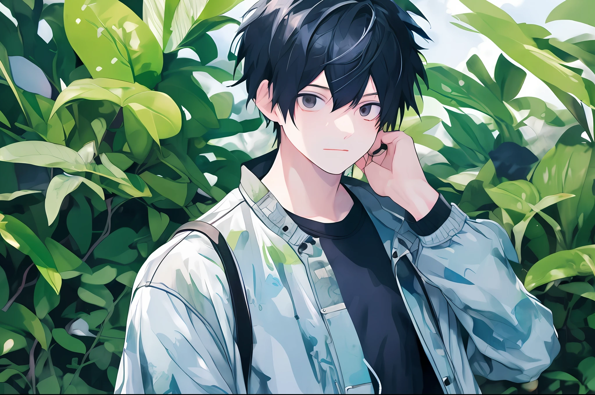 1boy,outdoors,summer, a man with a jacket on and a jacket on and a jacket on his shoulder and a jacket on his shoulder and a jacket on his shoulder, (a manga drawing:0.283)(male_focus:0.970),(1boy:0.958), (solo:0.883), (black_eyes:0.847), (short_hair:0.762), (jacket:0.705), (face:0.692), (plant:0.656)