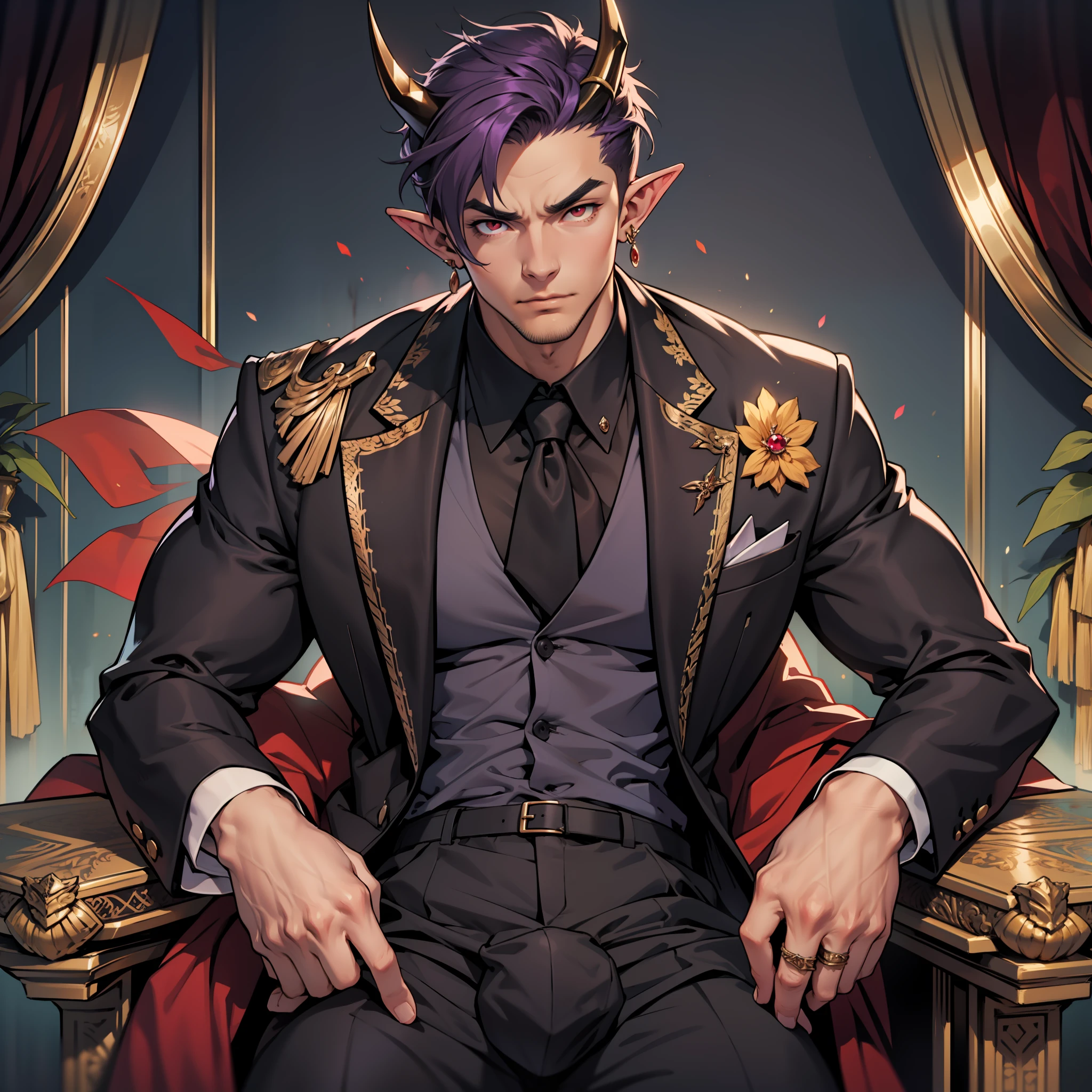 Handsome male, purple hair, short hair, detailed body, detailed hands, horns, expressionless, arrogant expression, red eyes, roman nose, almond eyes, red tuxedo, black shirt, black tie, cocky, nightfall, handsome, bushy brows, pointy ears, ear piercings, rings, good looking, tattoos, dark skin, brown skin, charming, good quality, huge bulge in pants, manly, sitting on throne