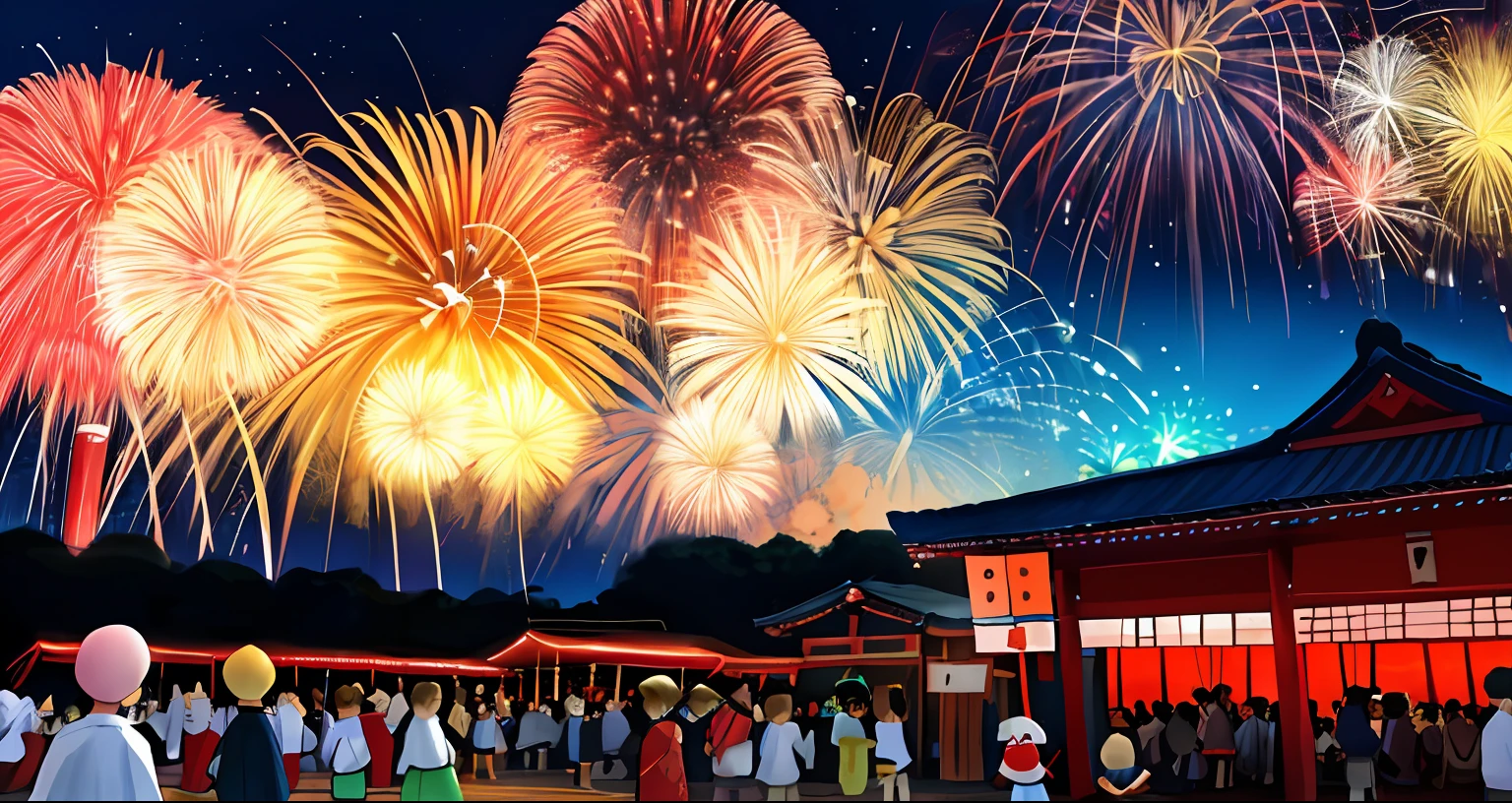 jpn、Summer Festivals、Fireworks blooming in the countryside、families、2 、5 year oldsoking Up at the Sky、families
