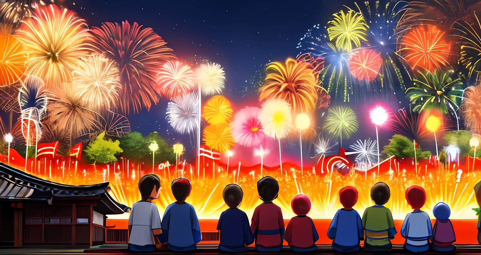 jpn、Summer Festivals、Fireworks blooming in the countryside、families、2 year olds、5 year olds、mamma、Looking Up at the Sky、families