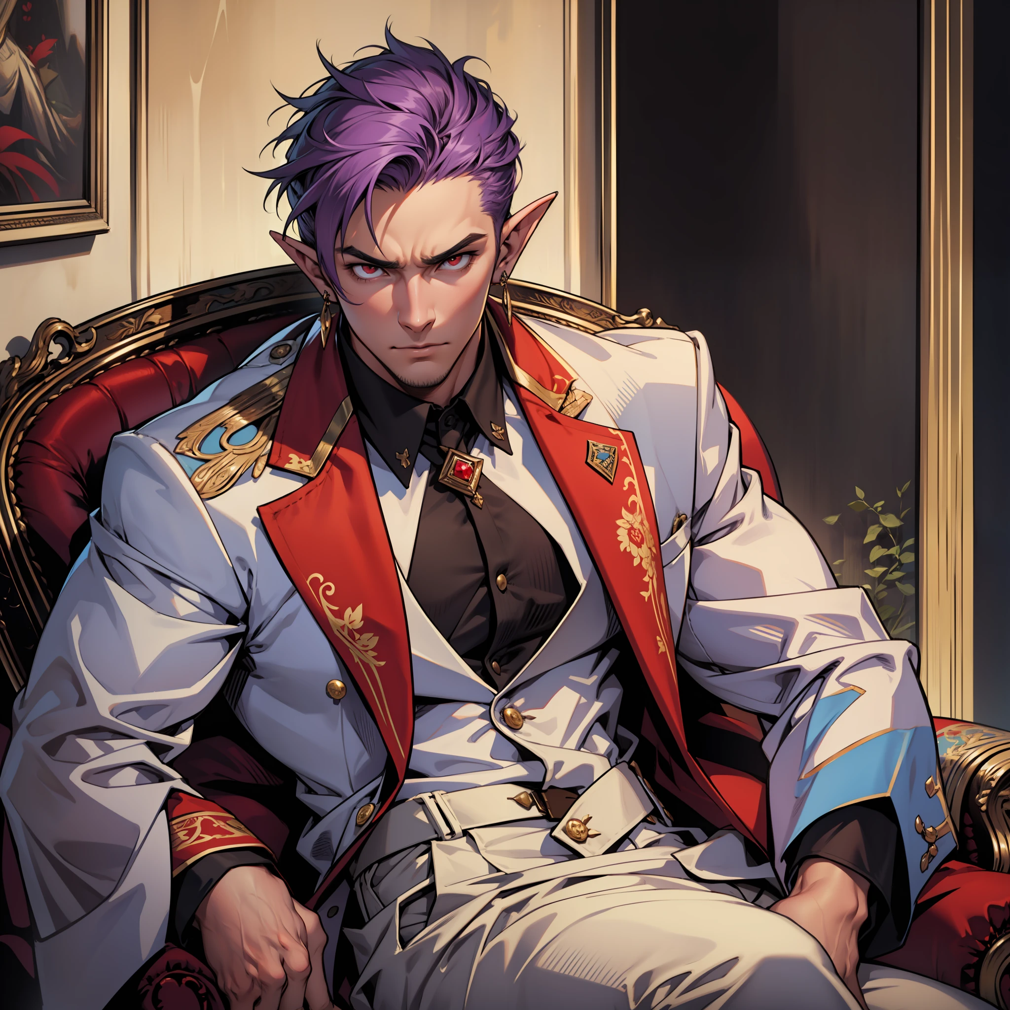 Handsome male, purple hair, short hair, detailed body, detailed hands, horns, expressionless, arrogant expression, red eyes, roman nose, almond eyes, red tuxedo, black shirt, black tie, cocky, nightfall, handsome, bushy brows, pointy ears, ear piercings, rings, good looking, tattoos, dark skin, brown skin, charming, good quality, huge bulge in pants, manly, sitting on throne