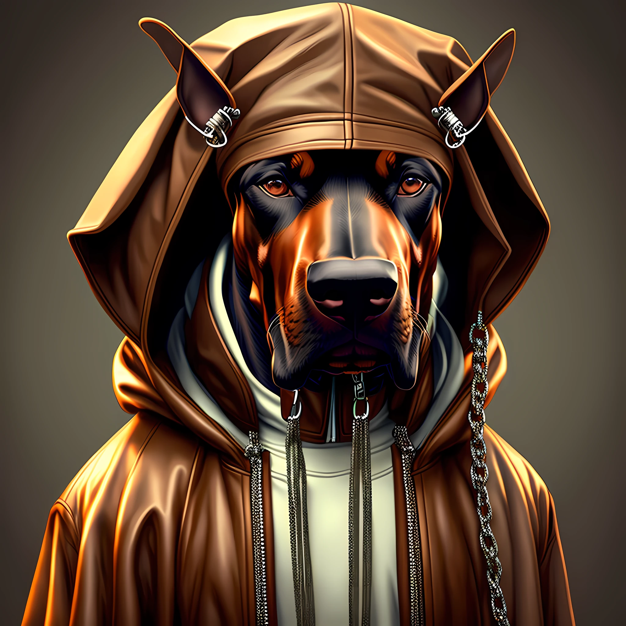 A Doberman dog wearing a jacket with a hood on its head, Brabo face and with earrings in both ears and chains around the neck --auto
