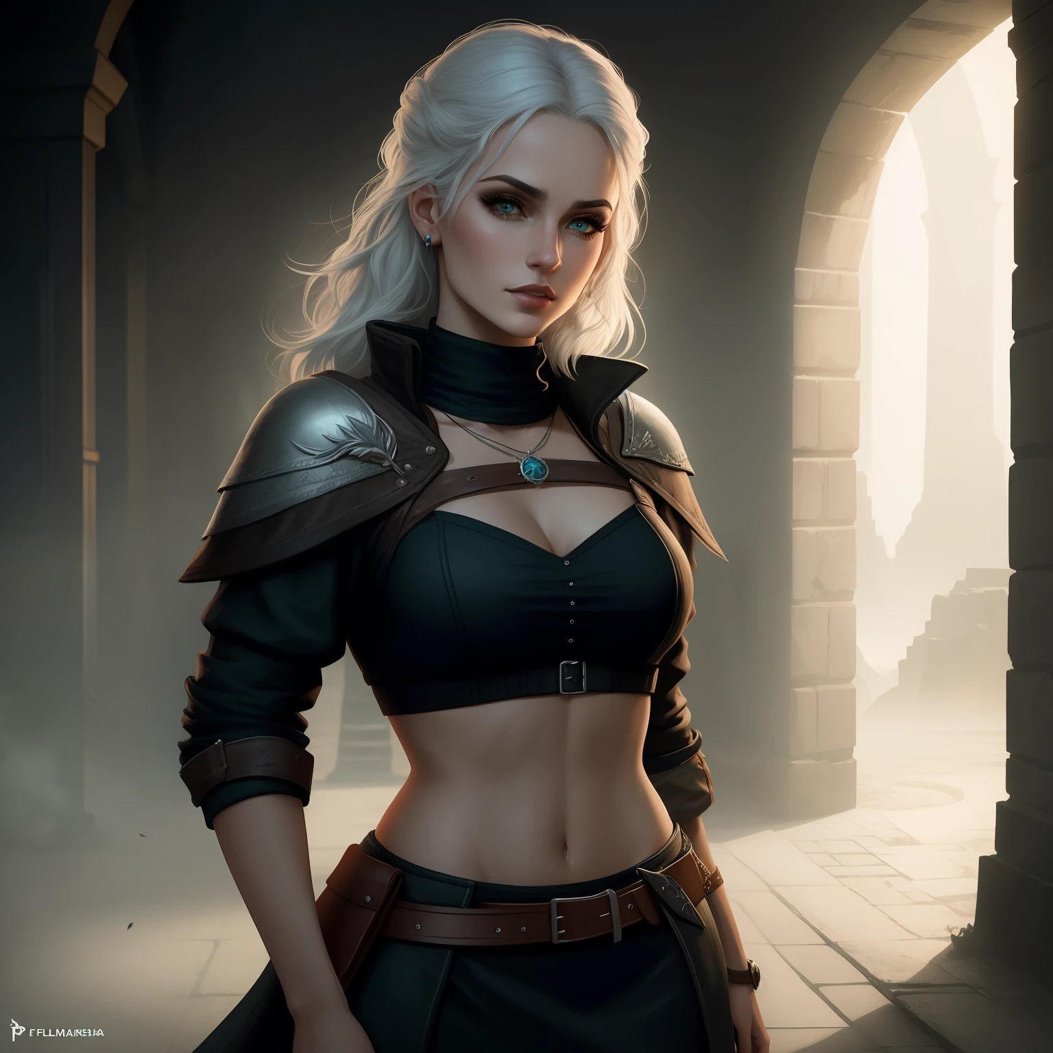 uma mulher com dois chifres, cabelo branco, ninja, pallor, irritado, fantasy genre portrait, no estilo da arte da fantasia sombria, Ciri de The Witcher, assassina, Gothic Maiden, feature, Fantasia sombria cyberpunk sedutora, design de personagens de fantasia sombria, Guerreira do Norte, Mulher meio elfa, necromante feminino