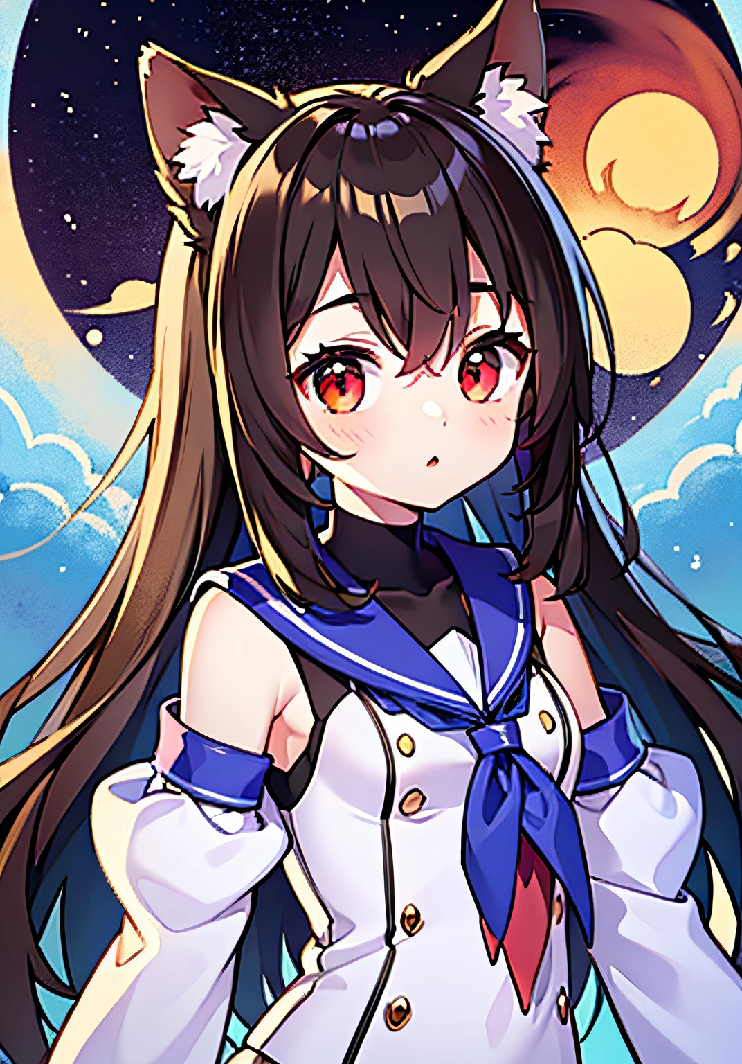 girl with、sideways Facing、Cat's ears、Medium、A dark-haired、red eyes、length hair、Red hairpin、hair messy、hair between eye、(Vtuber whole body、is standing、bare shoulders​、Sailor's shirt、Bare legged、Bare legged、Wide sleeves、long-sleeve)、Background with、Aurora、a moon、Fantastical、​masterpiece