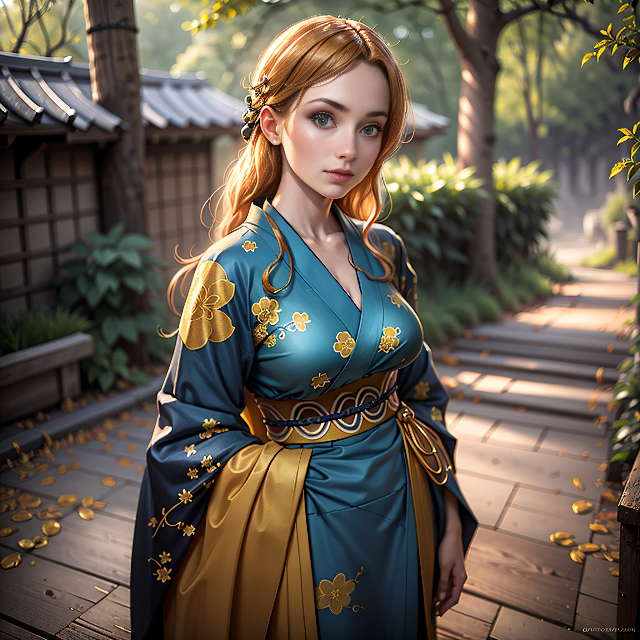1 girl, beautiful face, blonde, light green eyes, detailed skin, 8k, realistic, feudal kimono, black and gold kimono, full body, medieval, full body, outdoor, ultra realistic environment, rich in detail, soft light, volumetric lighting