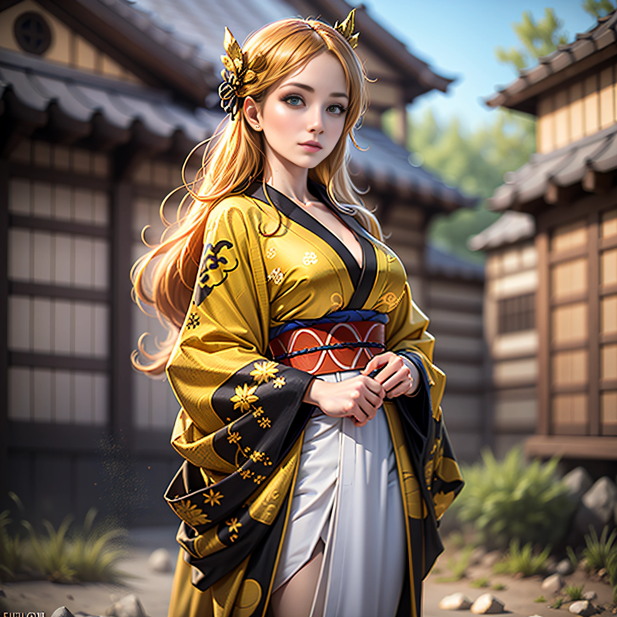 1 girl, beautiful face, blonde, light green eyes, detailed skin, 8k, realistic, feudal kimono, black and gold kimono, full body, medieval, full body, outdoor, ultra realistic environment, rich in detail, soft light, volumetric lighting