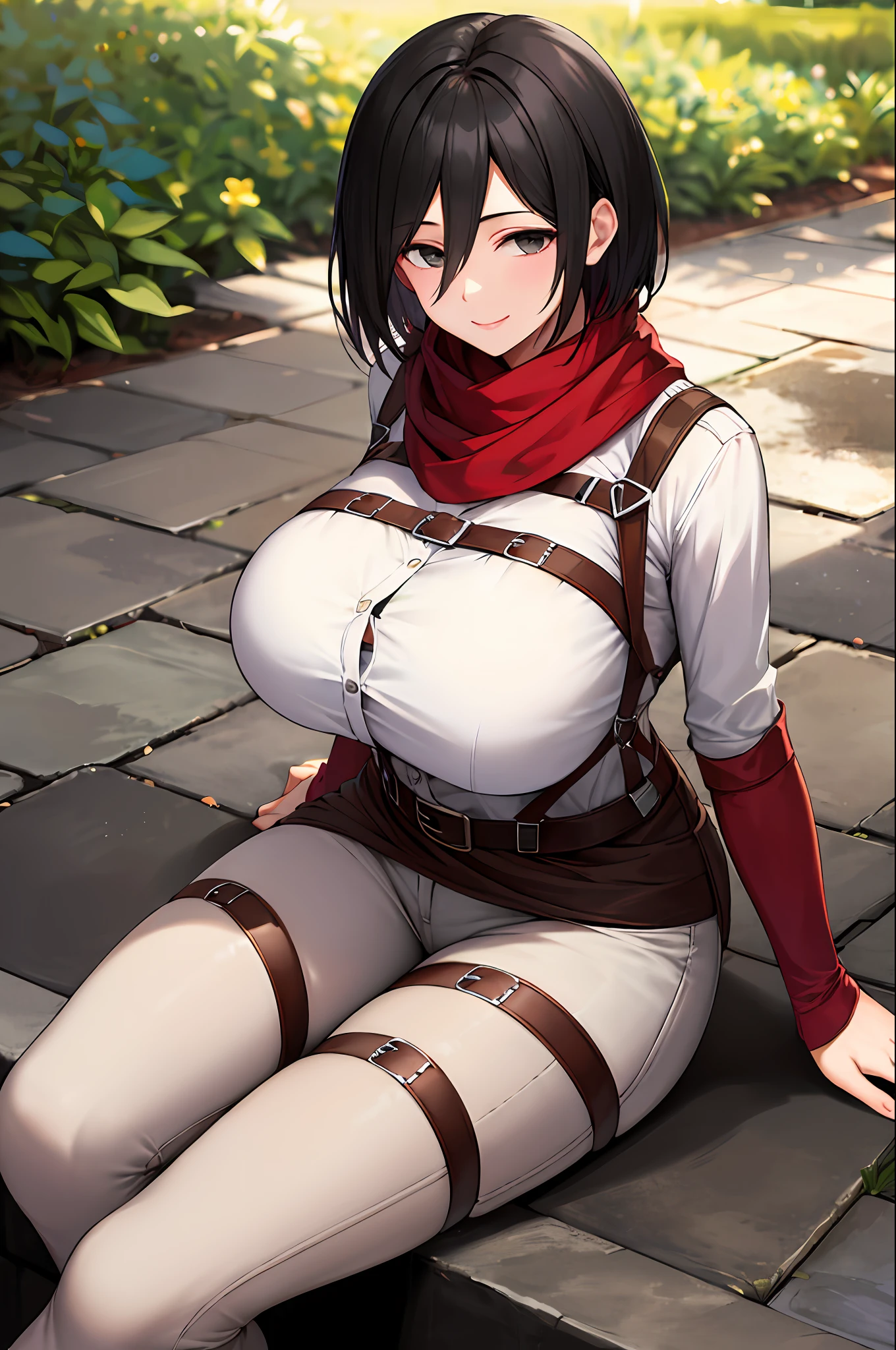 masterpiece, best quality, highres, hmmikasa, short hair, black eyes, scarf, belt, thigh strap, red scarf, white pants, white shirt, smile, sitting, outdoors huge breasts