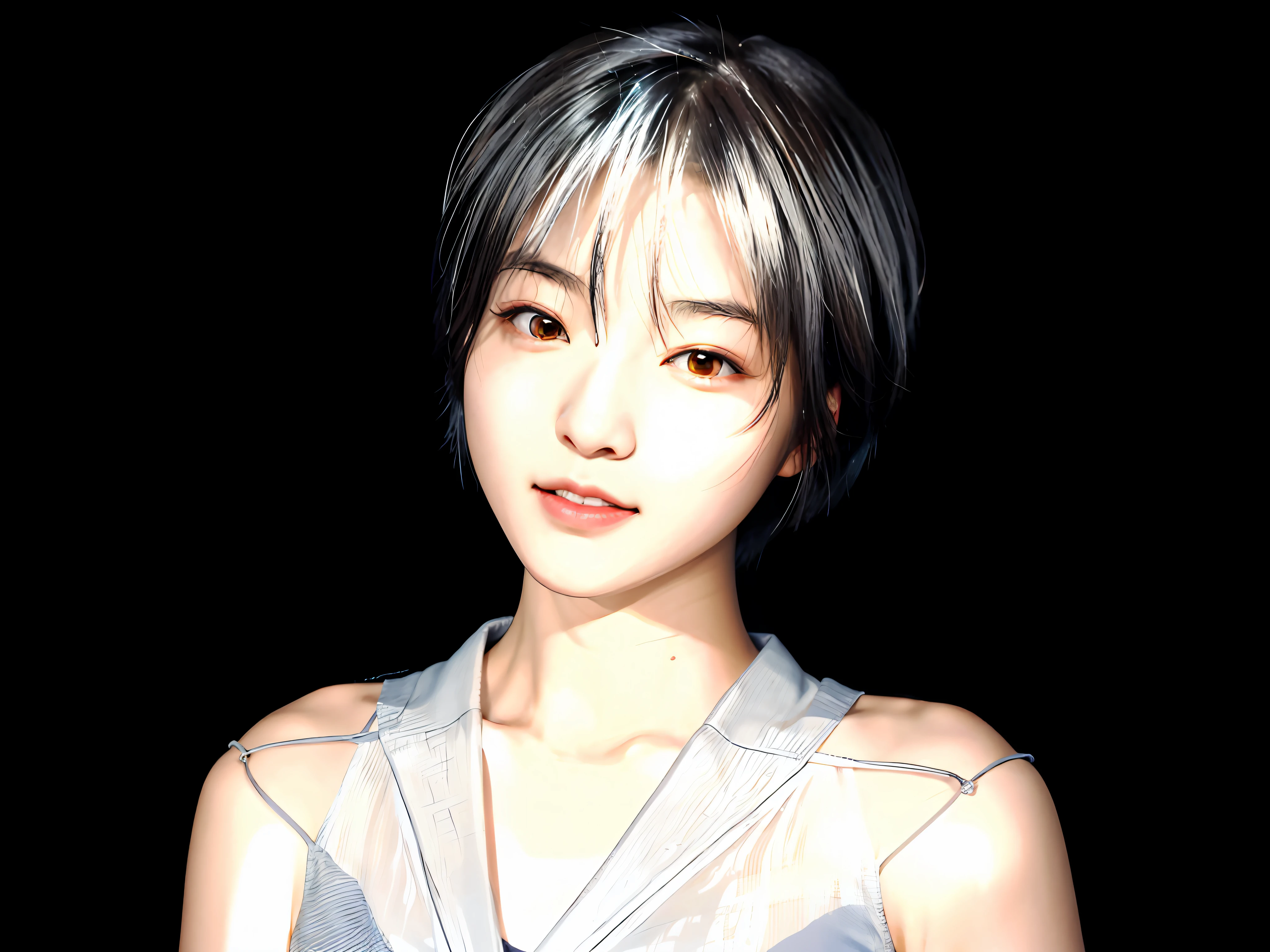 1girl in、japanes、Photorealsitic、beautiful and detailed face、viewer、simple background、独奏、Tank Tops。rays of moonlight、summer vacation、(shorth hair、Black hair)、sullenness、电影灯光、movie、Japan drama、(White shirt)、耳Nipple Ring