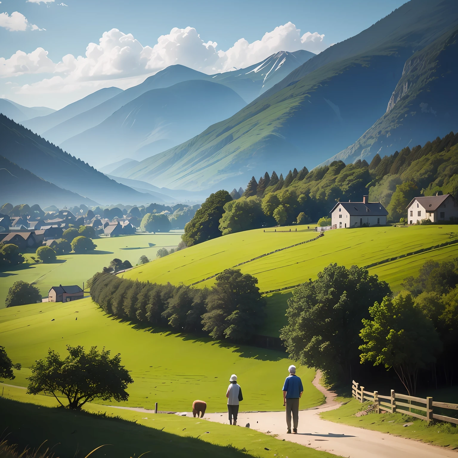 Image: In the small village, an elderly father, wearing simple clothes, is standing in front of a country house. Beside him, two adult male ren are present, the youngest son, with a look full of curiosity and restlessness, and the eldest son, with a more serious and reserved expression. The surrounding environment is rural, with green hills in the distance and a few sheep grazing. 8k, UHD, HD --auto