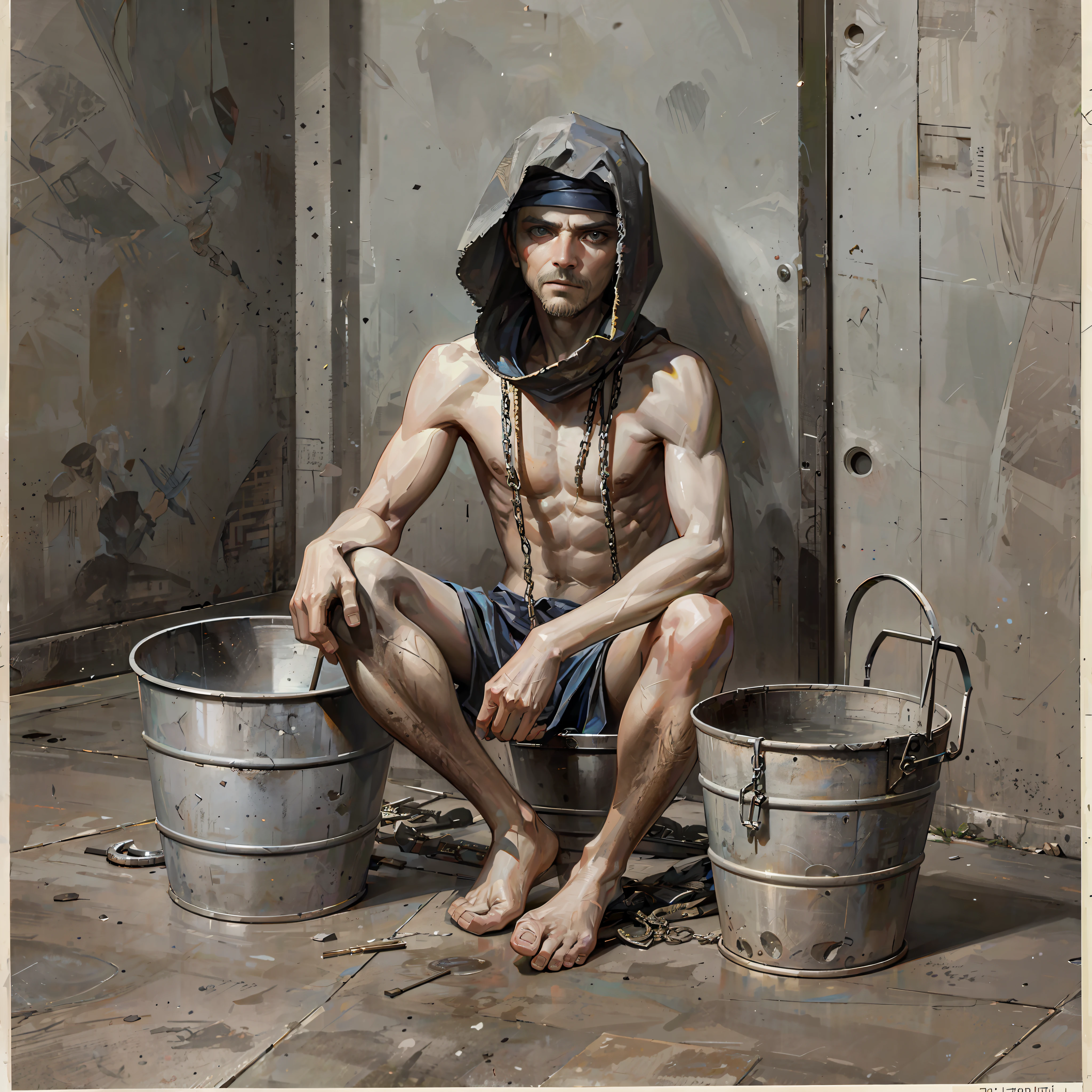 there is a man sitting on the floor with two buckets, erwin olaf, dirk dzimirsky, sergey zabelin, victor antonov, alexey egorov, nadav kander, sergey krasovskiy, highly conceptual figurative art, sebastian kruger, alejandro, maxim sukharev, marat zakirov, samurai man wrapped in chains