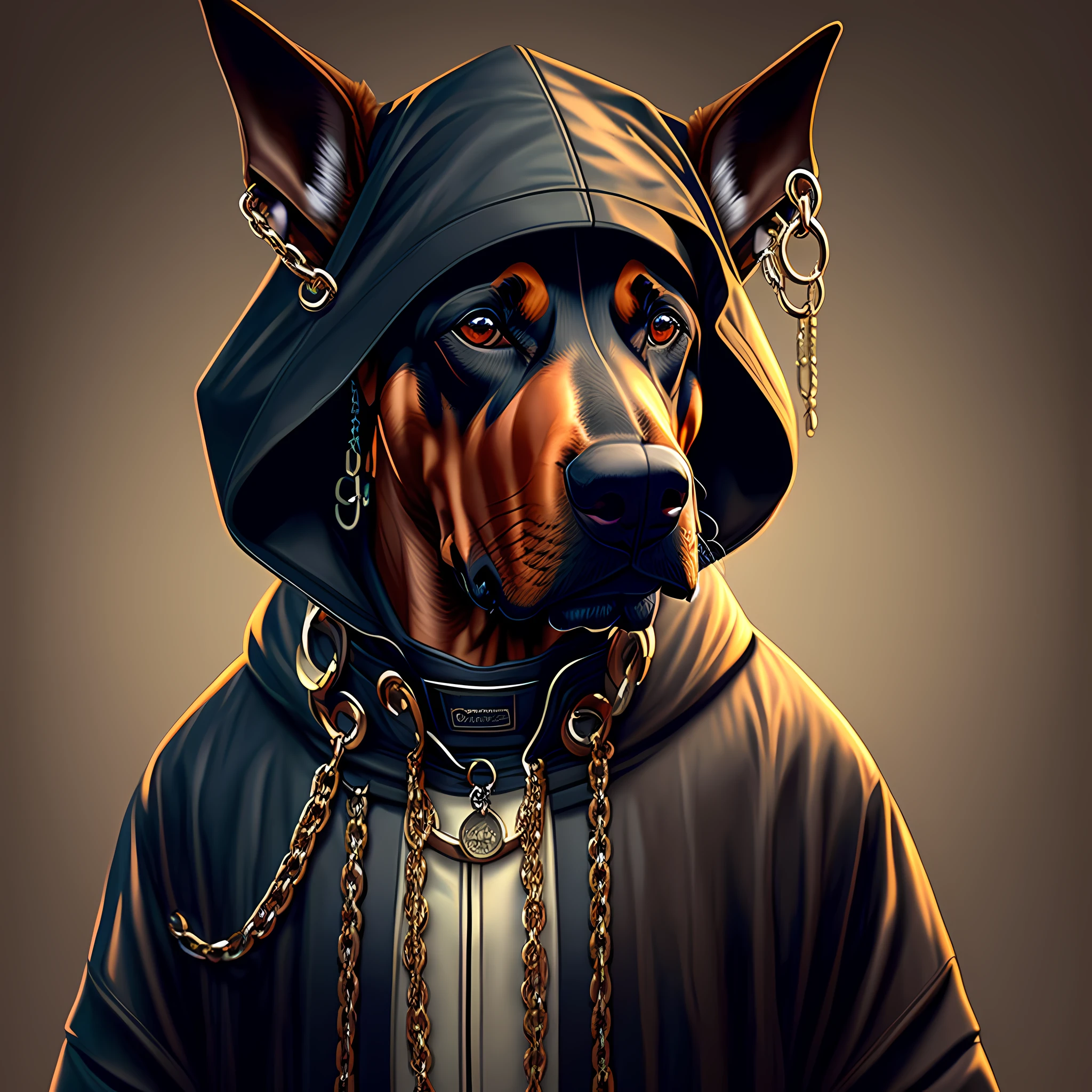 A Doberman dog wearing a jacket with a hood on its head, Brabo face and with earrings in both ears and chains around the neck --auto