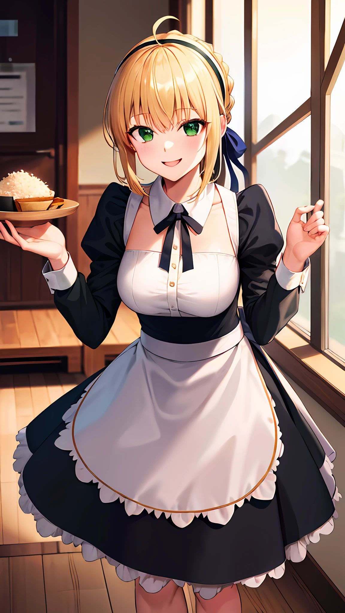 masterpiece, best quality, highres, ccsaber, blonde hair, green eyes, ahoge, maid dress, meidofuku, maid uniform, maid, maid hairband, black skirt, stocking, cafe indoors, food, rice, standing, table, smile,  sexy pose, cleveage, breast out,