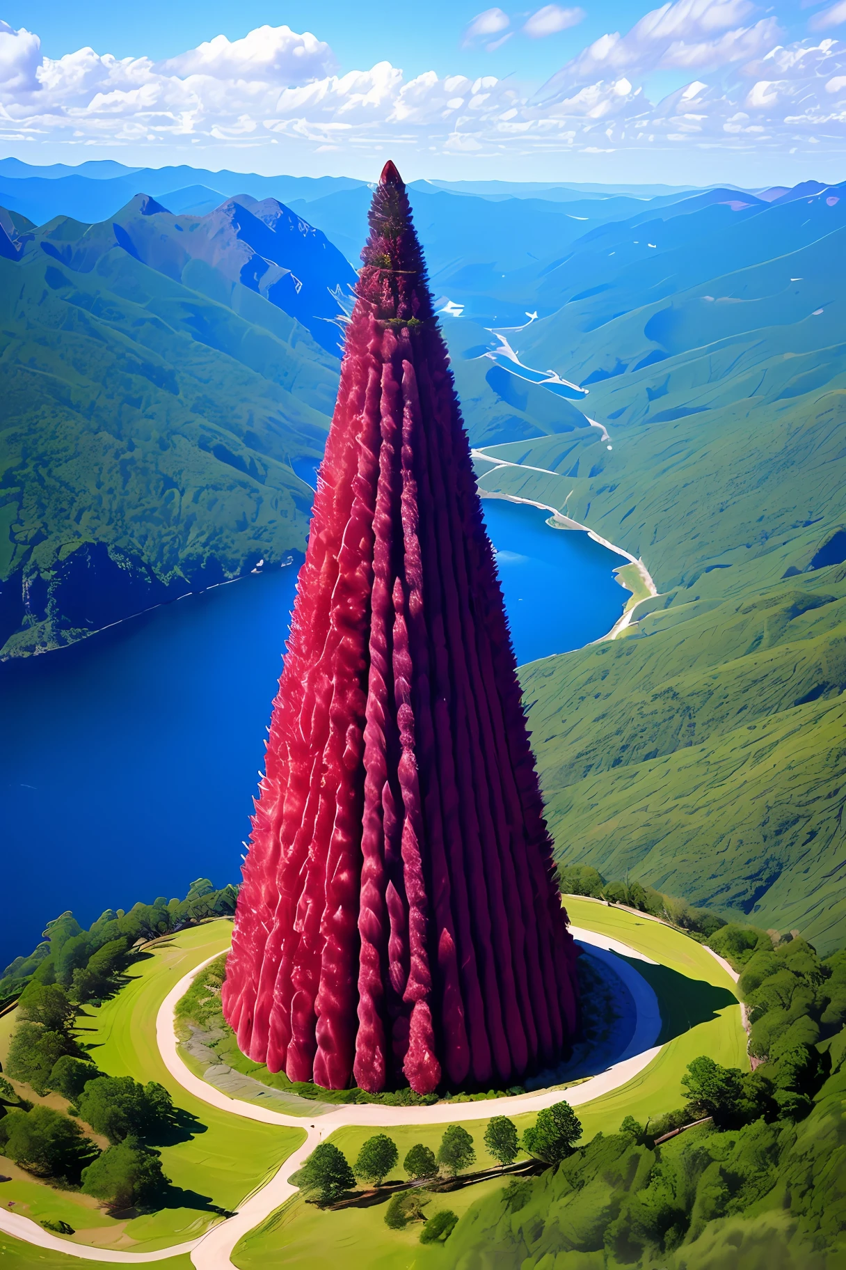 A huge red as big as a mountain has an erection，Standing between heaven and earth（lean meat:1.5）The insertion，Landscape and water，Stunning landscape，Look up at the camera。,best qualityer,exteriors,Nice water,Realistic/of a real