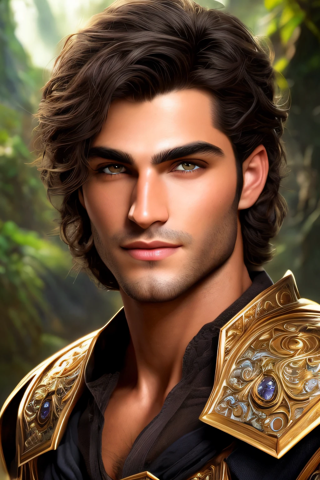 handsome disney prince dark black hair, blue eyes, striking eyebrows and cement face, white olive skin, sun tanned skin. demigod greek warrior. (1 , um homem) (foco masculino) (vista frontal) (corpo inteiro), ((masculino musculoso)), (peitorais grandes), mamilos grandes, quadris e cintura finos, (peludo), Epic face, heroico, realista, olhos realistas, (detailedfacialfeatures), (olhar para o espectador), (sorriso), Highly detailed volumetric light, por josephine wall, por Edwin Deakin