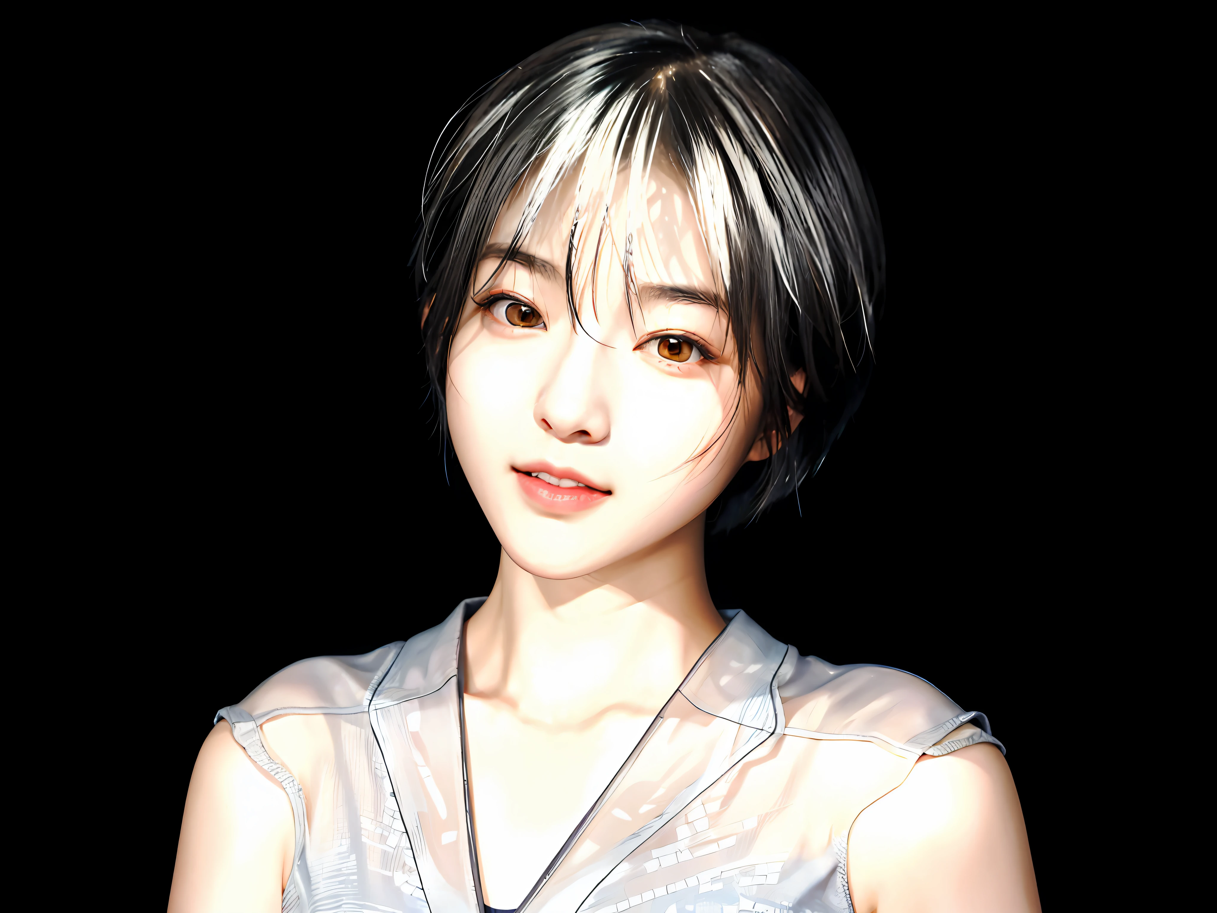 1girl in、japanes、Photorealsitic、beautiful and detailed face、viewer、simple background、独奏、Tank Tops。rays of moonlight、summer vacation、(shorth hair、Black hair)、sullenness、电影灯光、movie、Japan drama、(White shirt)、耳Nipple Ring