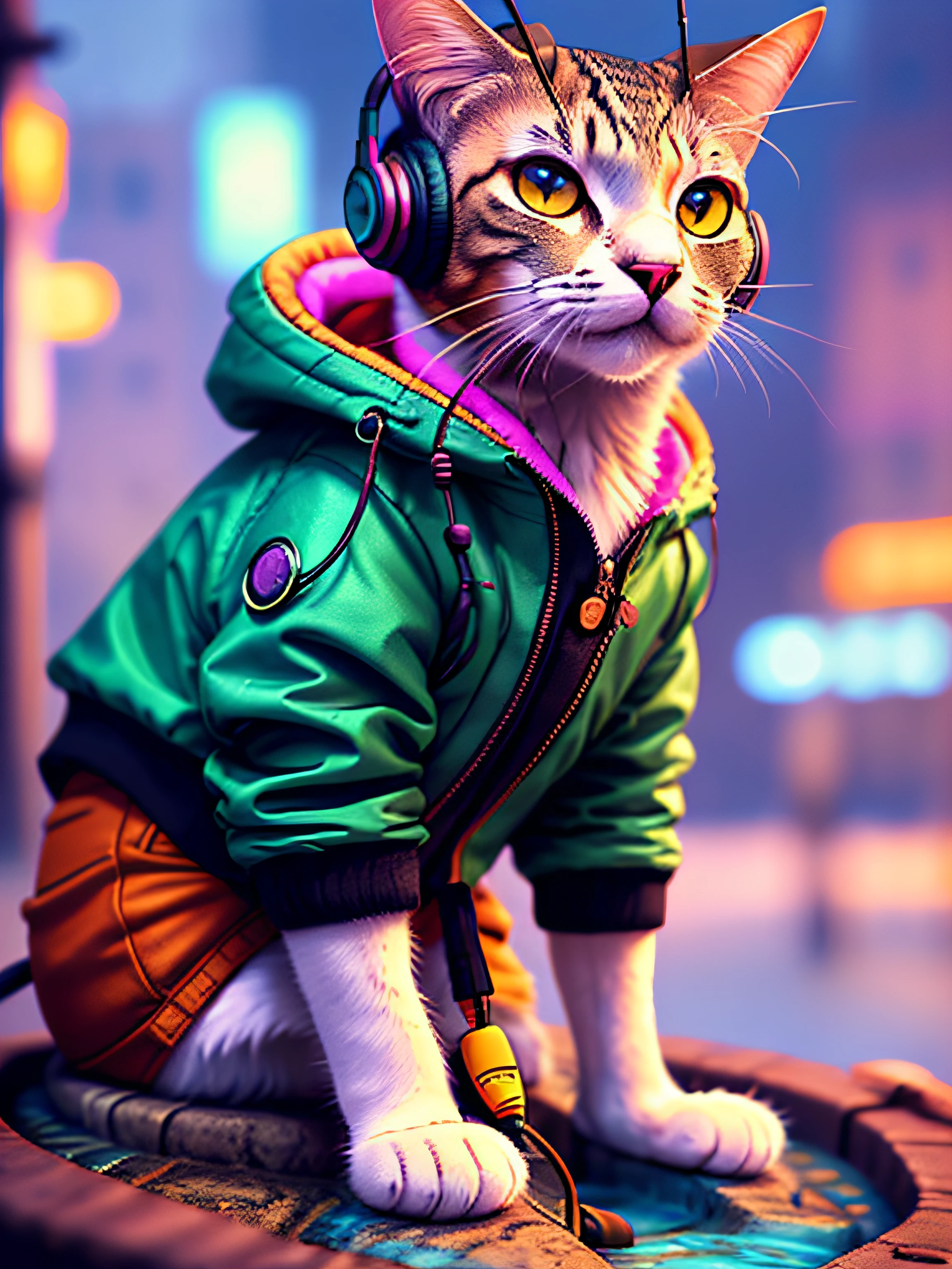 A cat with headphones and a jacket is sitting on a large lily leaf in a fountain. Cyberpunk and post-Soviet modernism  style themed. closeup view, neon lights., Pop art, Pixar, three sided view, UHD, anatomically correct, textured skin, super detail, high quality, 4K