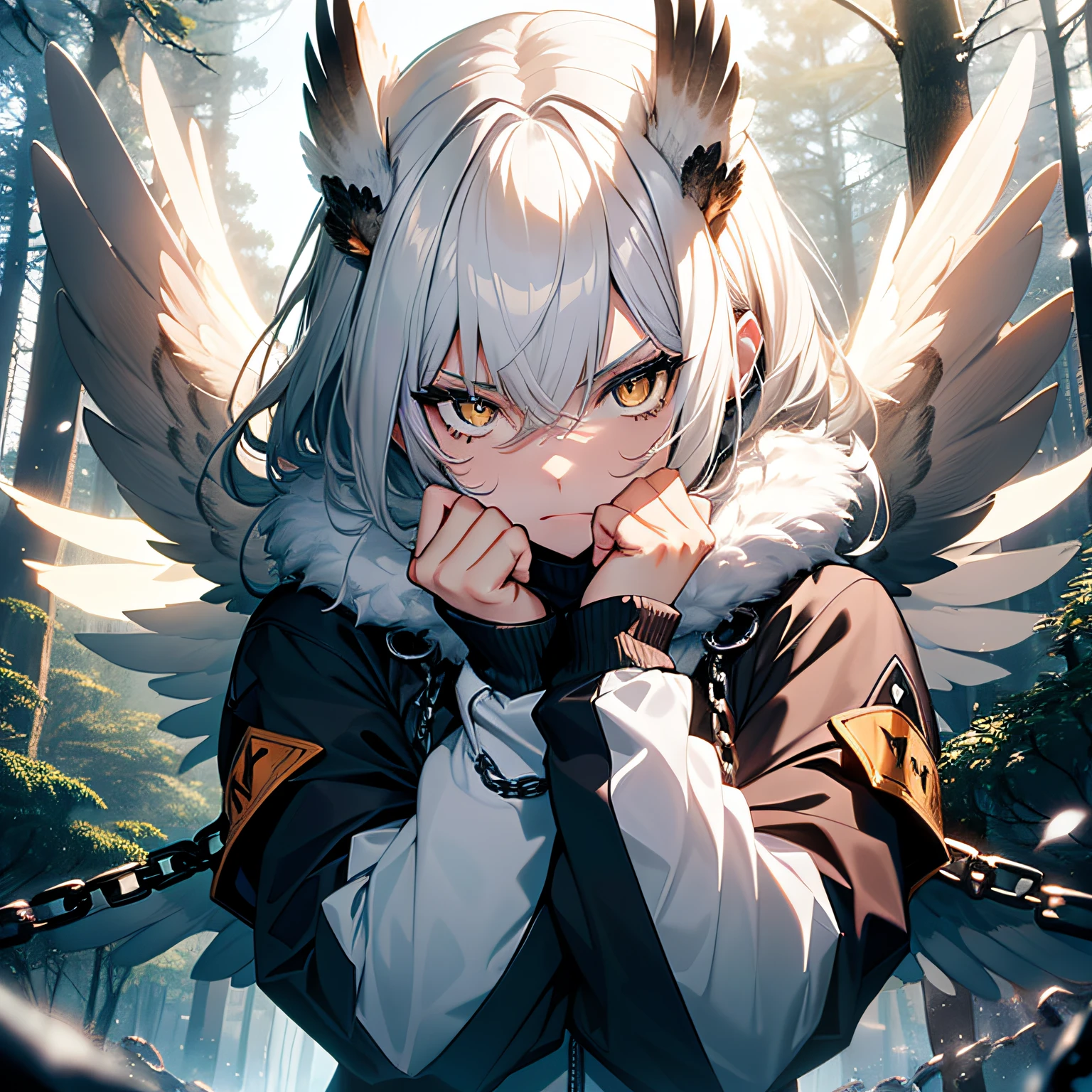 (a girl with owl-like features:white hair, amber eyes, large white wings, chains, and sharp on her fists, action pose) in a winter forest background, with a fantasy style.