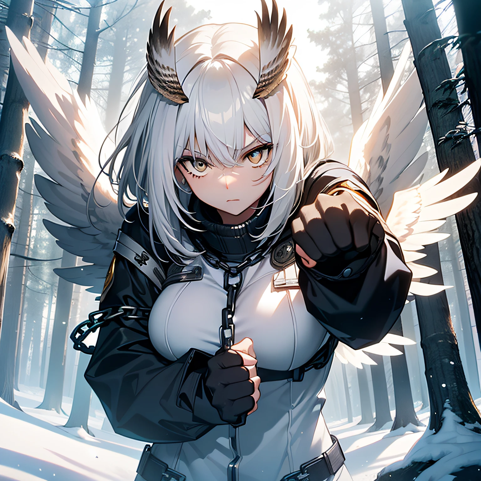 (a girl with owl-like features:white hair, amber eyes, large white wings, chains, and sharp on her fists, action pose) in a winter forest background, with a fantasy style.
