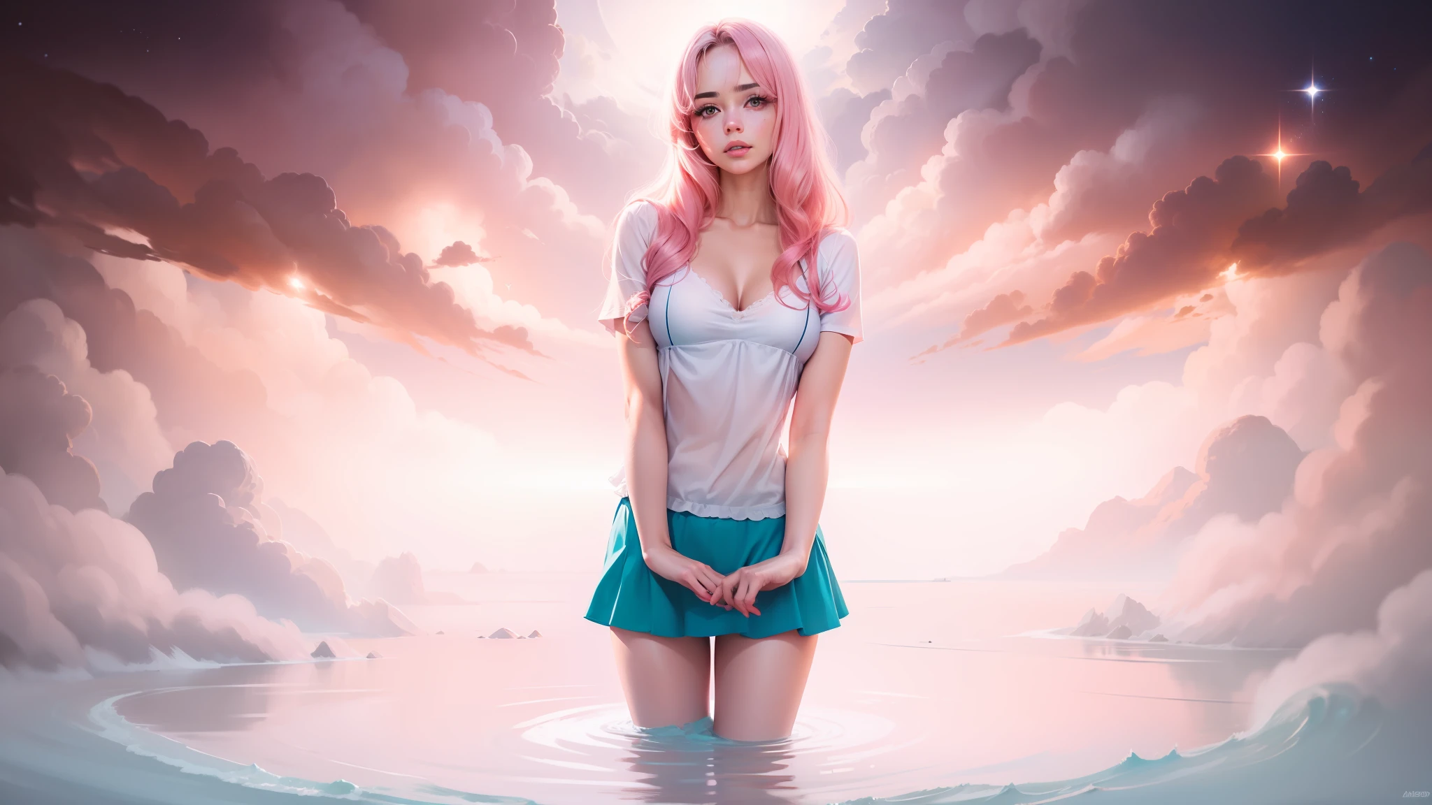 Mulher jovem, cabelos pretos, bonita, Fine-drawn face, olhos azuis, rosy lips, Sardas, middlebreasts, coxas grossas, cintura estreita, abdome exposto, usando blusa rosa, top cor de rosa, decotada, saia plissada vermelha, meias brancas acima dos joelhos, ambiente bem iluminado, parede de tjolos aparentes ao fundo, luz suave