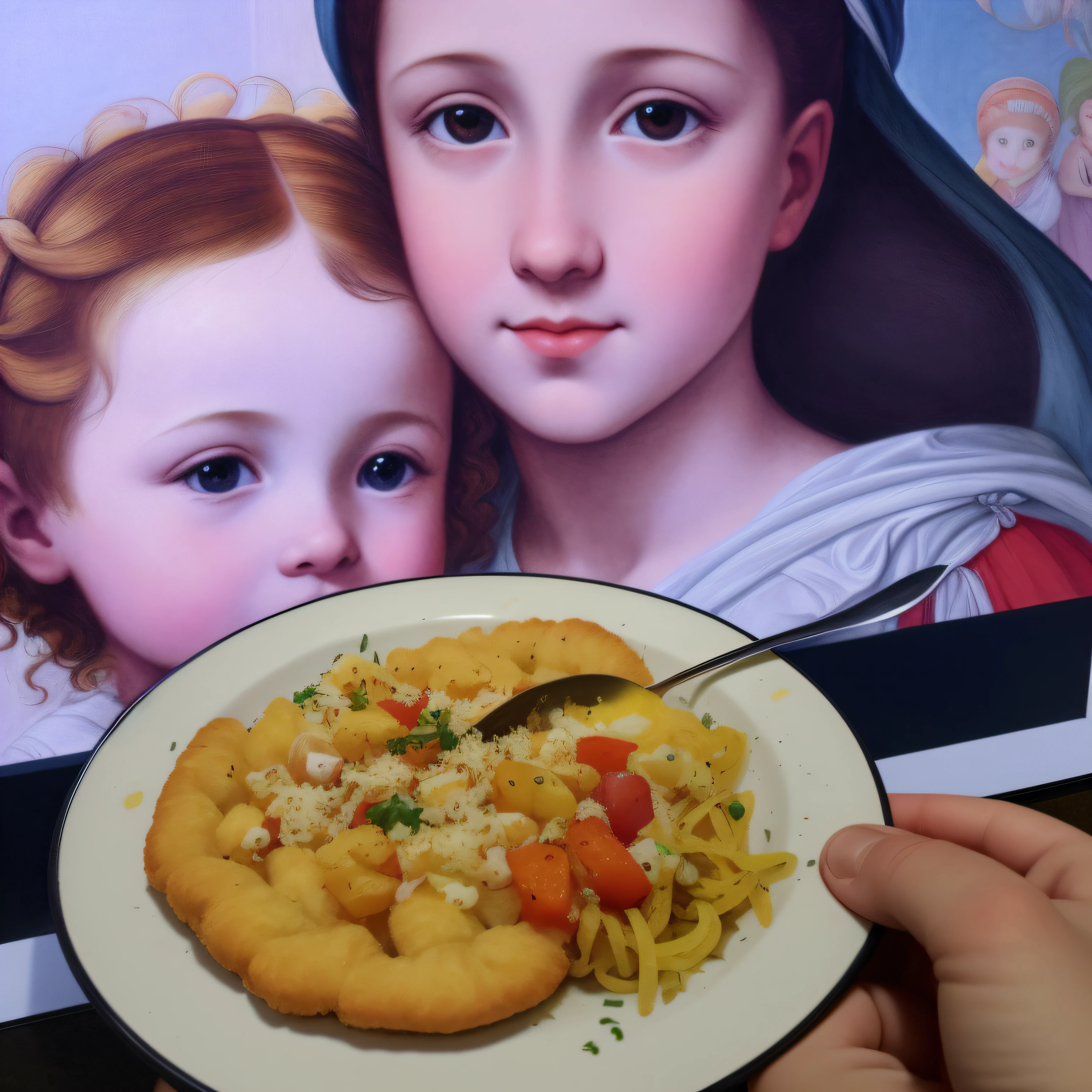 someone is holding a plate of food with a picture of a , inspired by Gentile Bellini, masterpiece work of art, inspired by Filippino Lippi, inspired by Fra Angelico, inspired by Giovanni Bellini, inspired by Mariotto Albertinelli, inspired by Fra Filippo Lippi, inspired by Jacopo Pontormo --auto